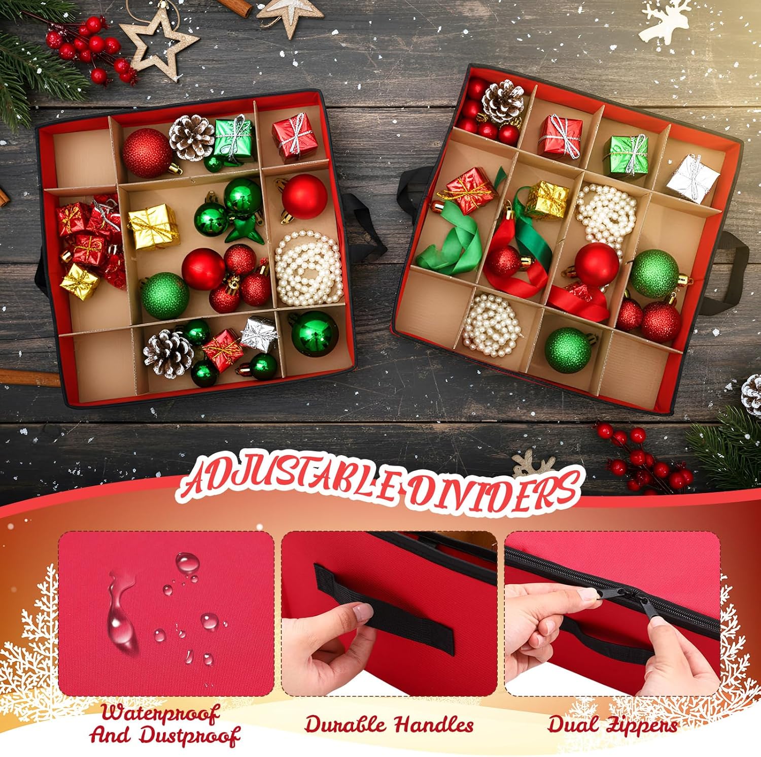 Capoda Christmas Ornament Storage Box, Stores 96 3" Ornaments, with Adjustable Dividers, 6 Removable Trays, Under Bed Ornament Organizer Storage Box Christmas Holiday Ornaments Containers Holder Red