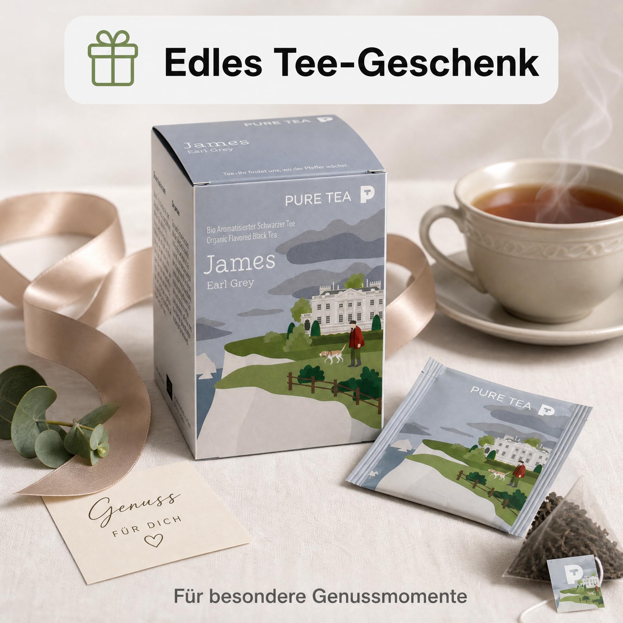 6 x Pure Tea James Earl Grey Teebeutel, Premium-Schwarztee mit Bergamotte, aromatisierter schwarzer Tee im Kissenbeutel, einzeln verpackt in eleganter Dispenserbox, britischer Afternoon-Tea-Genuss