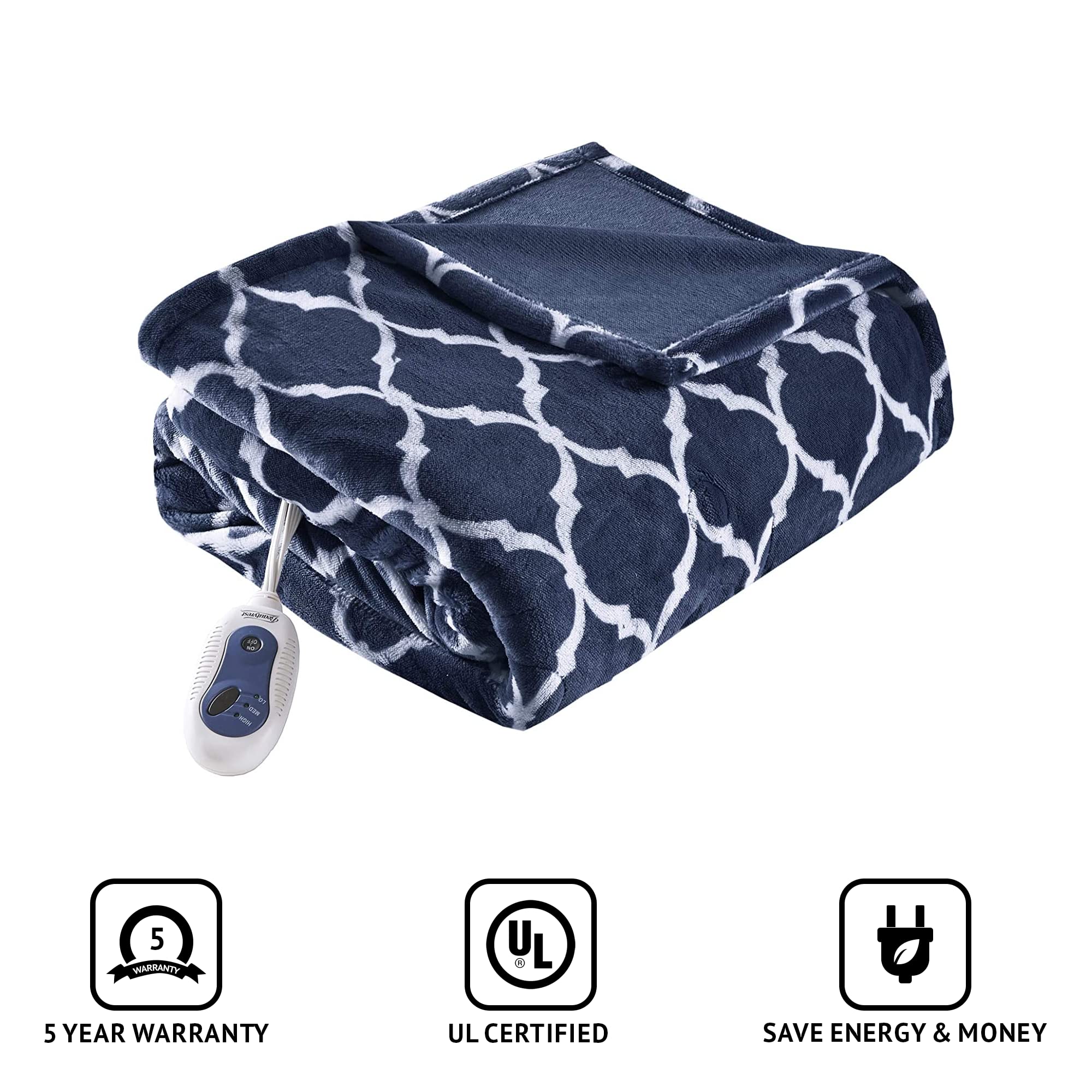 Amazon.com: Beautyrest Ogee Printed Plush Electric Blanket for Cold  Weather, Fast Heating, Auto Shut Off, Virtually Zero EMF, Multi Heat  Setting, UL Certified, Machine Washable, Indigo Oversized Throw 60x70 :  Home u0026