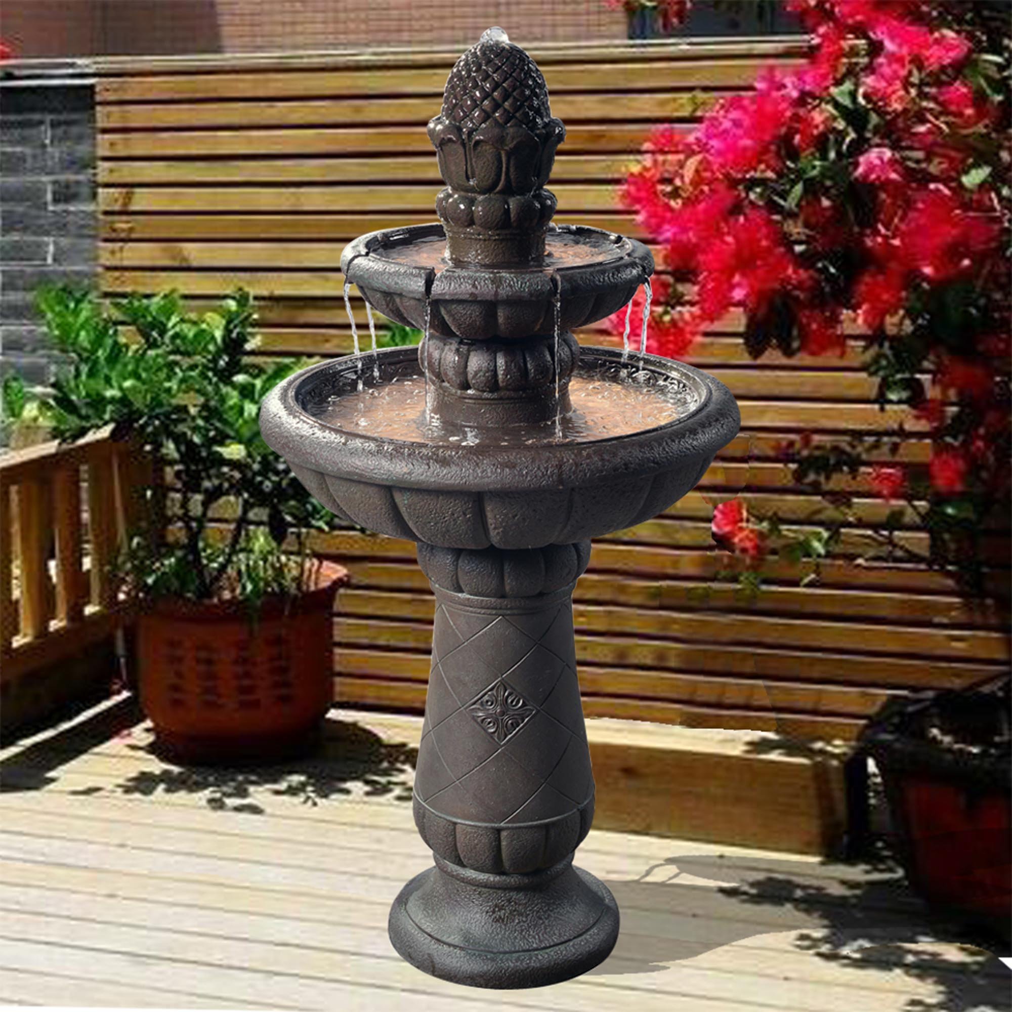 Peaktop Deluxe Pineapple Pedestal 2 Tiered Floor Waterfall Fountain with Pump for Outdoor Patio Garden Backyard Decking, 39 Inch Height, Iron Gray