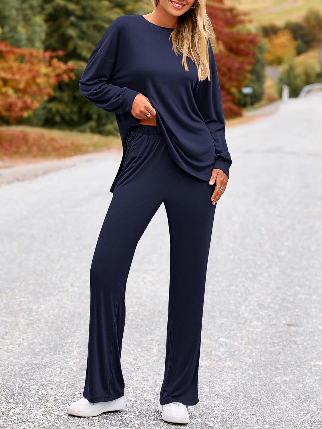 PRETTYGARDEN Womens 2 Piece Outfits Crewneck Long Sleeve Pullover Tops Wide Leg Long Pants Casual Lounge Set Travel Tracksuit - Image 4