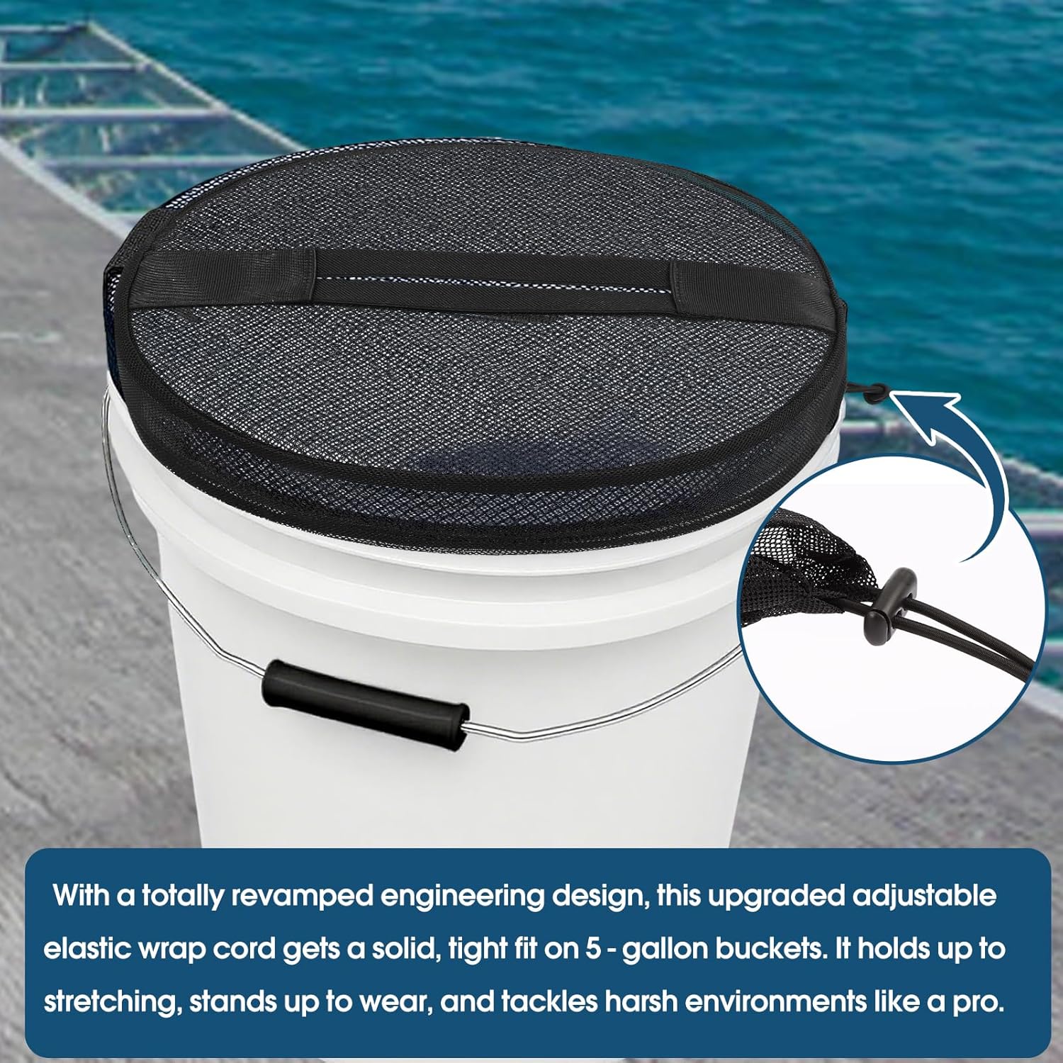 5 Gallon Lid Cover with Mesh Opening – Boat Trash Can Converter for Fishing, Bait Storage or Garbage Bin, Multi-Purpose Adjustable Design, Excludes Water Bucket - 2 Pack Black