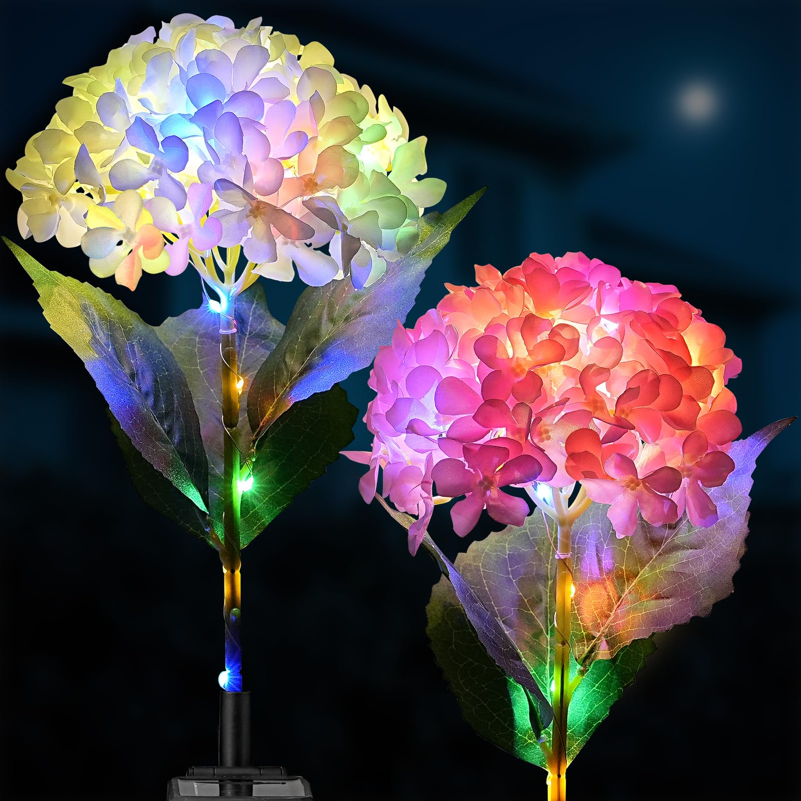 2 Pack Solar Garden Lights Outdoor LED Colorful Waterproof Solar Powered Hydrangea Flowers Landscape Lights for Patio Outside
