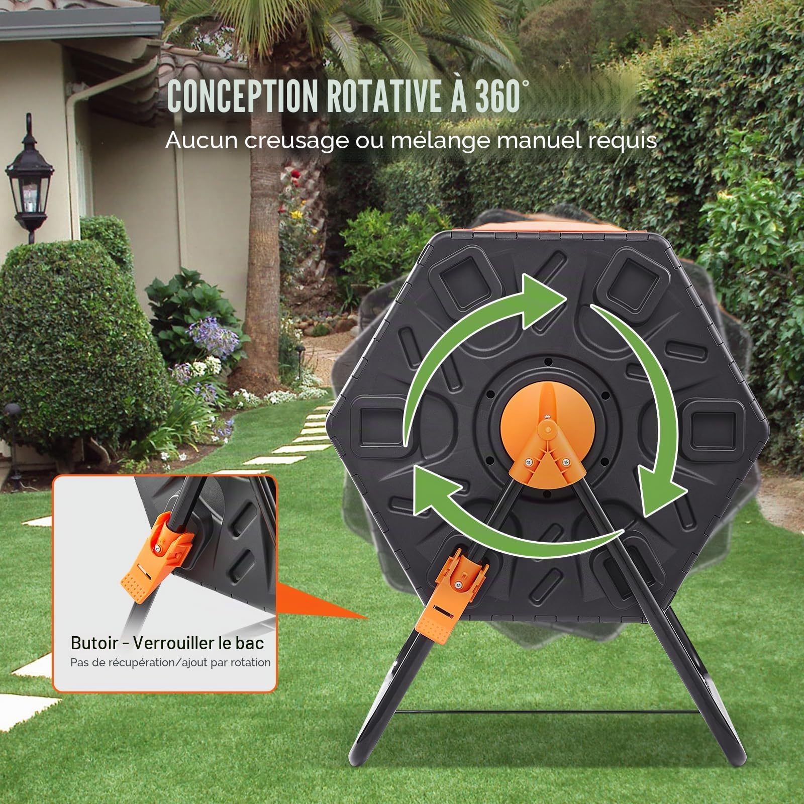 VEVOR Composteur de Jardin Rotatif 70 L Bac à Compost Rotatif 360° en PP et Acier sans BPA Charge 20 kg Chambre Unique pour Compostage des Déchets Organiques Cuisine Jardinier Terrasse Patio Extérieur