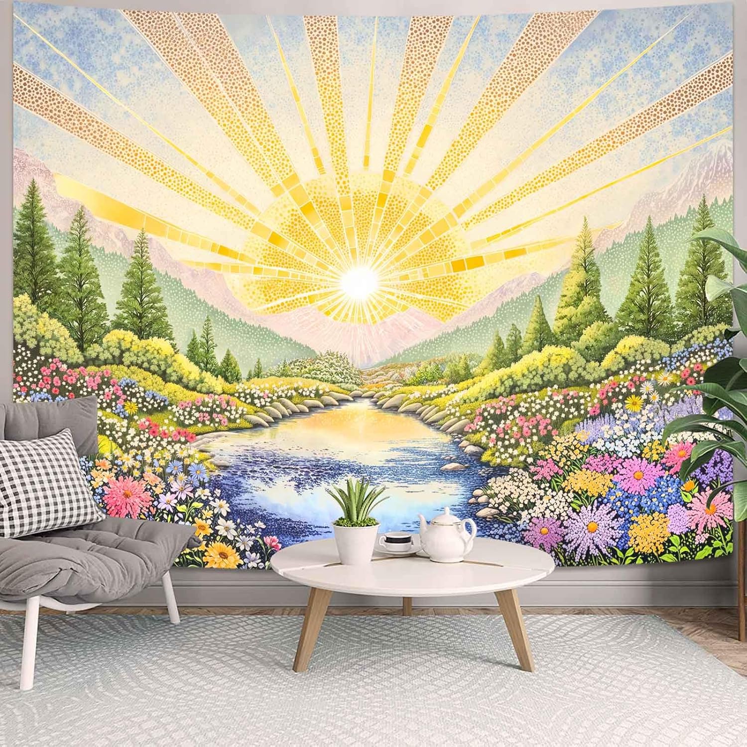 Yeoiat Tapestry Colorful Landscape Tapestries Nature Scene Tapestries Sunburst Flower Field Wall Tapestry Bedroom Dormitory Living Room Decoration 90"x70"