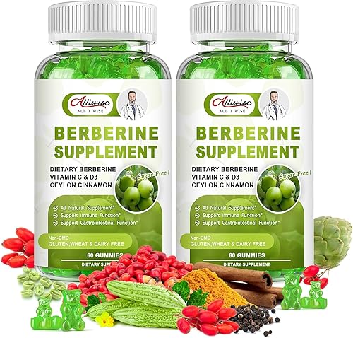 Gomitas de suplemento de berberina sin azúcar, berberina original HCL de 1500 mg con canela de Ceilán, quercetina, multivitamínico, apoyo a la