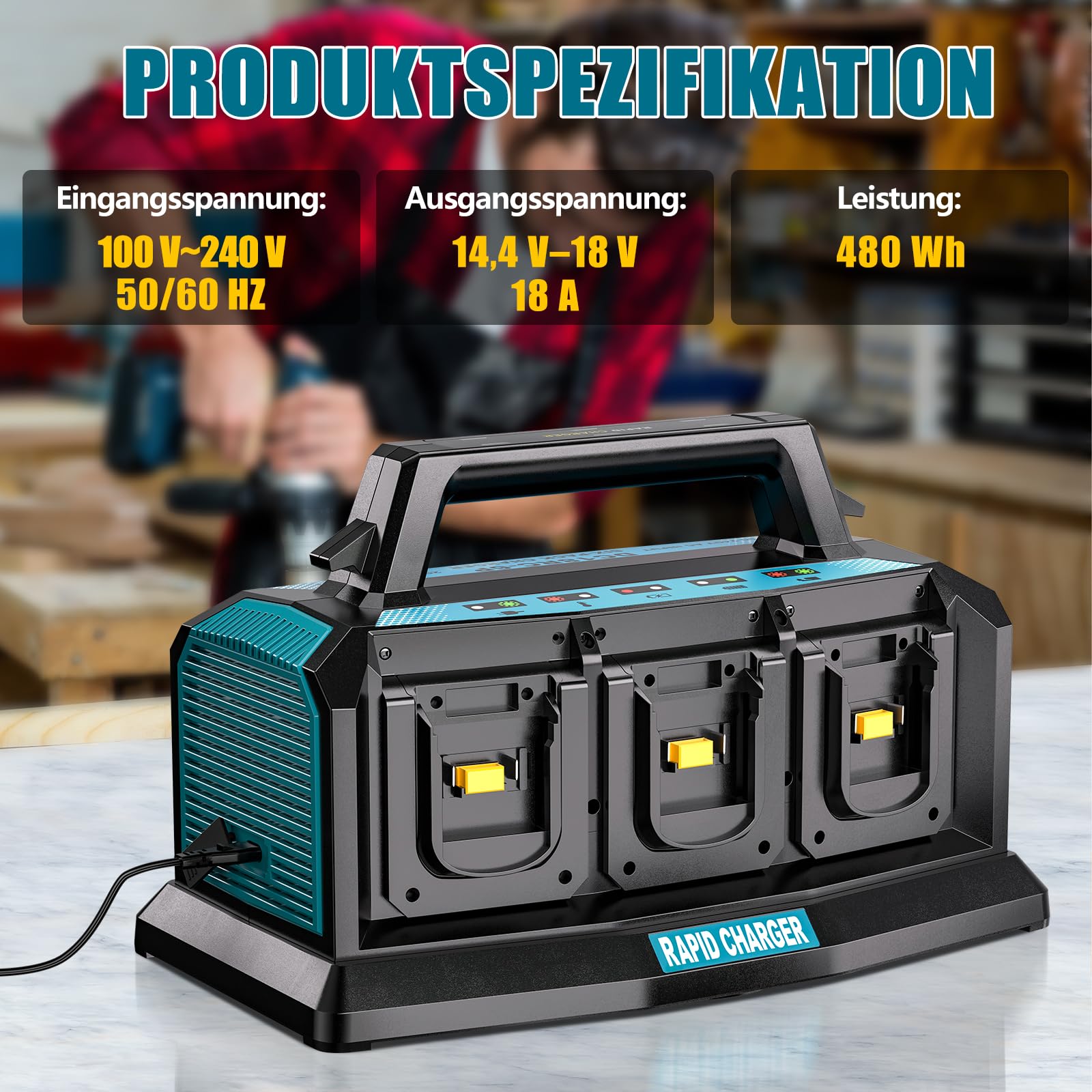 YEX-BUR 6-Ports Ladegerät für Makita 14,4v-18v Akku (Li-Ion, gleichzeitiges Laden von 6 x 18V Akkus, Akkuladestrom: 3A, inkl. Adapter, ohne Akku) DC18RC 18V Schnellladegerät