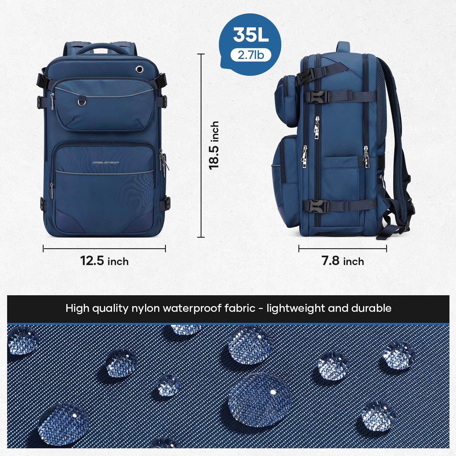 Maelstrom Mochila de viaje para hombres y mujeres, mochila de transporte de 35 L para viajar en avión, con bolsa para cinturón y compartimento para zapatos, mochila impermeable para laptop de 17