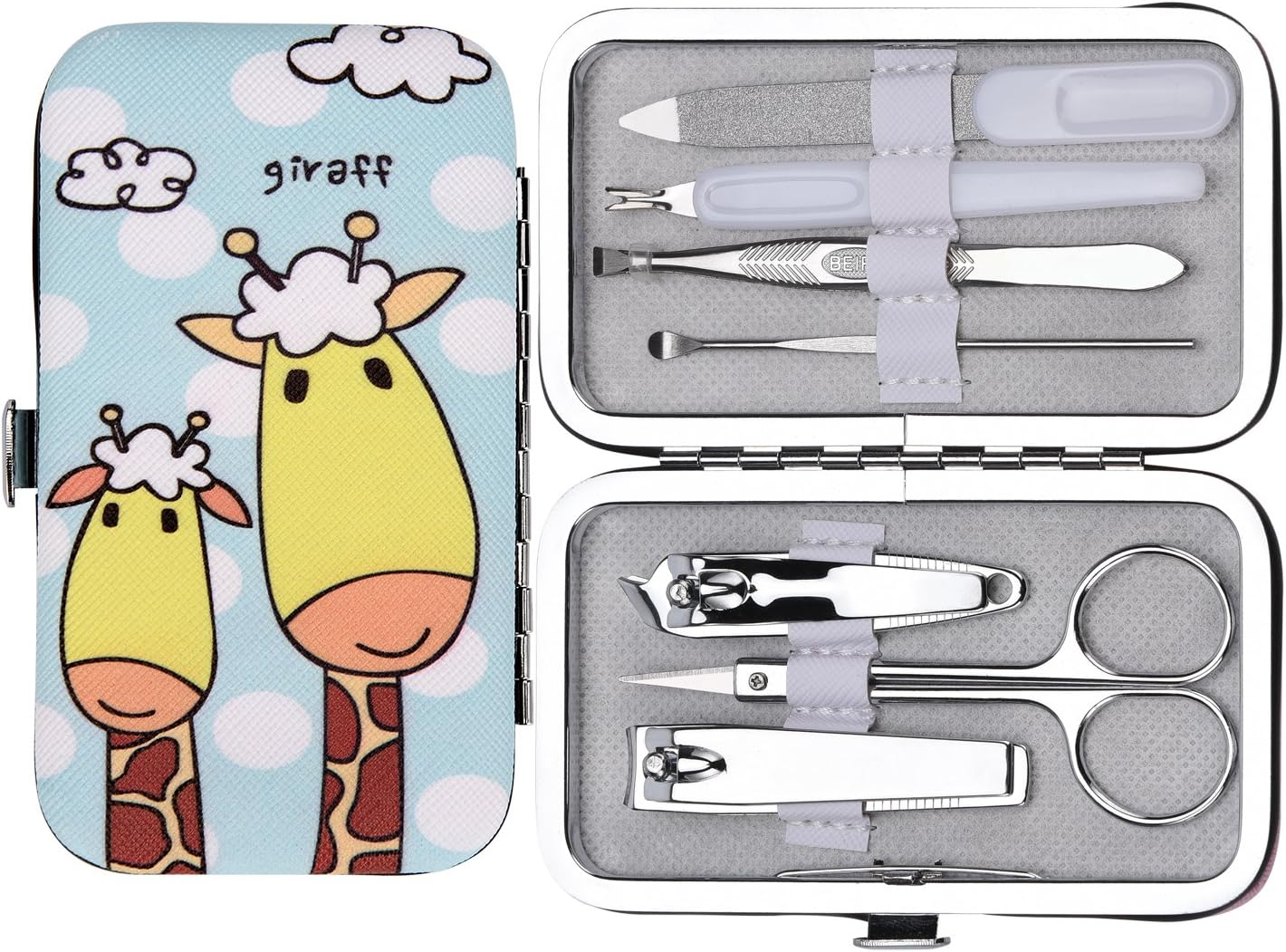 Childs Manicure Set, longmiao Nail Clippers Set Stainless Steel Personal Manicure & Pedicure Grooming Kit 7 in 1 (Giraffe)