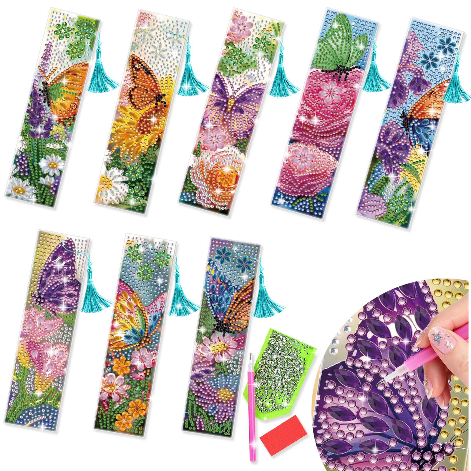 benikmake 8pcs Butterflies Diamond Reading Bookmark Diamond Painting Bookmark Kits for Adult Flower 5D Gem Art Marks for Book Lovers 1.96x7.87in