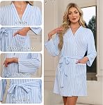 LYCY Robes pour femmes court peignoir rayé, doux léger Kimono Robe avec des poches