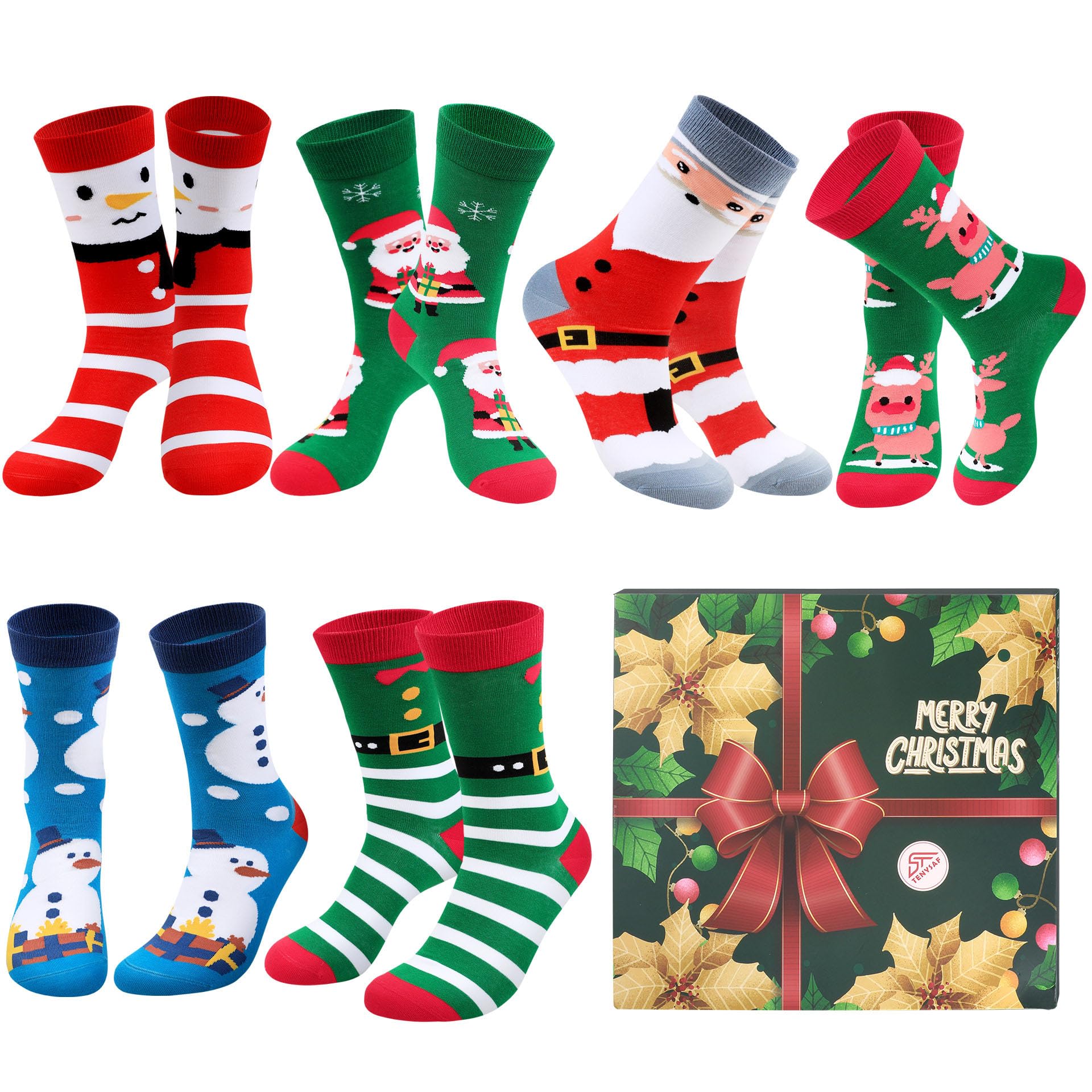 Lounwee Women's D-6 Pairs Fun Christmas Socks For - Funny Xmas Holiday Gifts For Cozy Crew Cotton Sock