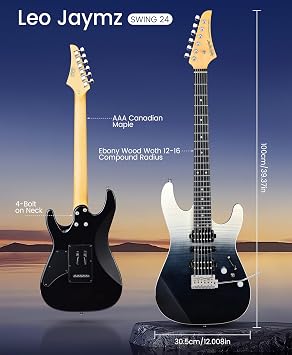 Leo Jaymz SW Electric Guitar, Flame Maple Top, Synthetic Ebony Fingerboard, 304 Stainless Steel Frets, 12-16 Compound Radius, Alnico 5 Pickups, Small Double Locking Tremolo (Transparent faded Black)
