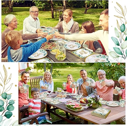 Miniatura 7 de Skylety Juego de 200 platos de baby shower, tazas y servilletas de color verde salvia, juego de vajilla desechable de eucalipto, suministros de