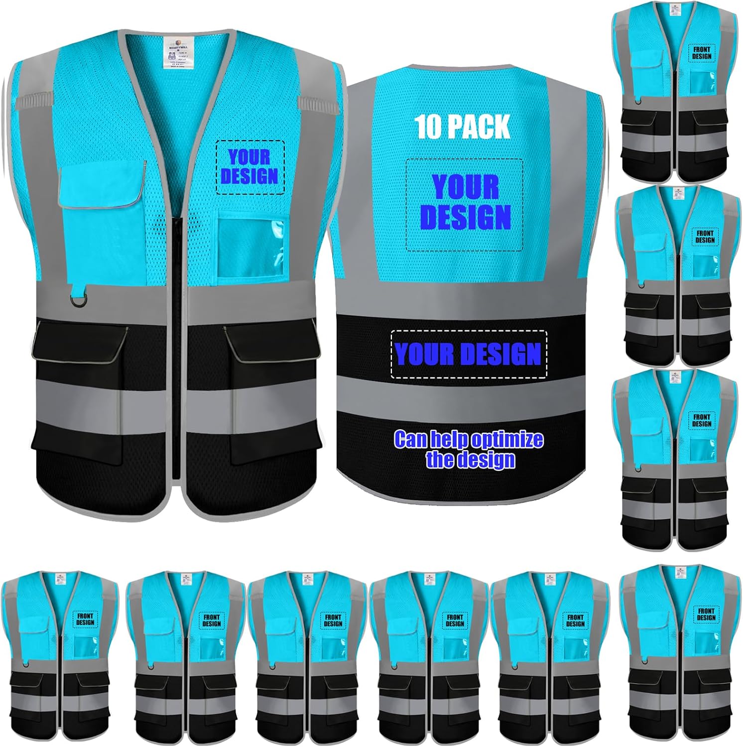 BeautyWill Custom Safety Vest Customized Logo Class 2 High Visibility Reflective Vest with Pockets Construction workwear
