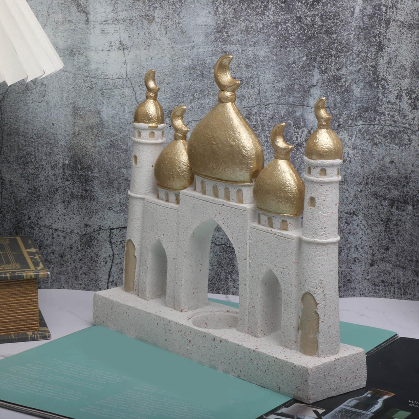 PANGBOER Ramadans Decorazioni per la casa Eid Mubaraks Decorazioni per la casa Torre della Moschea Bianco Dorato Ornamento Artigianale per Mensole Decori