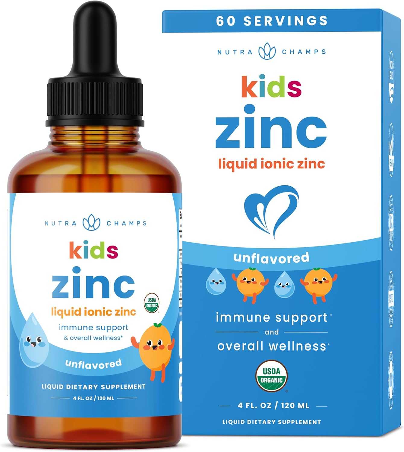 NutraChamps Liquid Zinc Drops for Kids, Ionic Zinc Drops Enhanced with Vitamin C for Children, Sugar-Free 4 oz, Vegan & Non-GMO, Unflavored, 60 Servings, 2 Month Supply