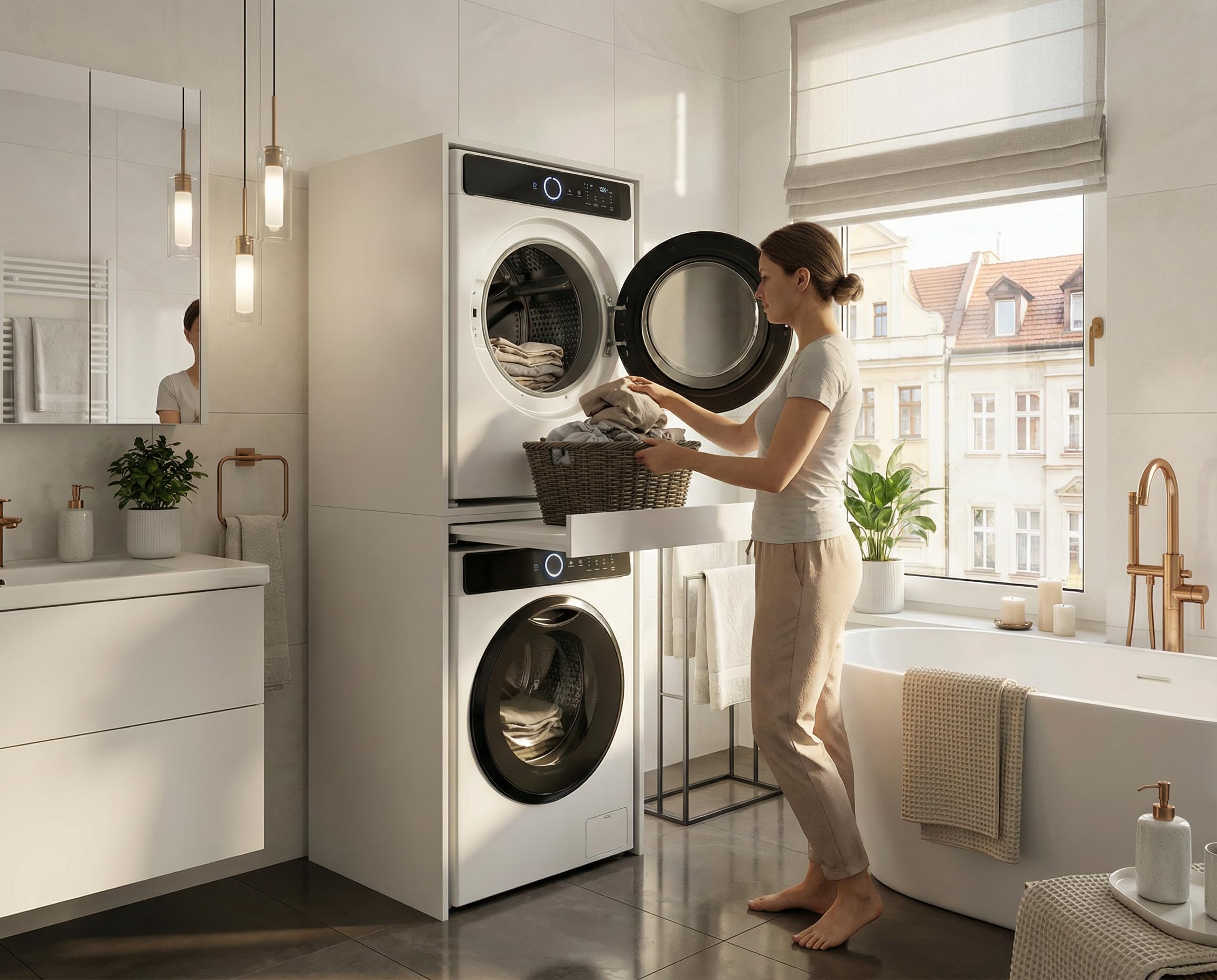 CraftPAK Waschmaschinenschrank für Waschmaschine & Trockner | Platzsparender Waschturm mit ausziehbarer Arbeitsfläche | Schrank für Badezimmer und Hauswirtschaftsraum mit Stauraum