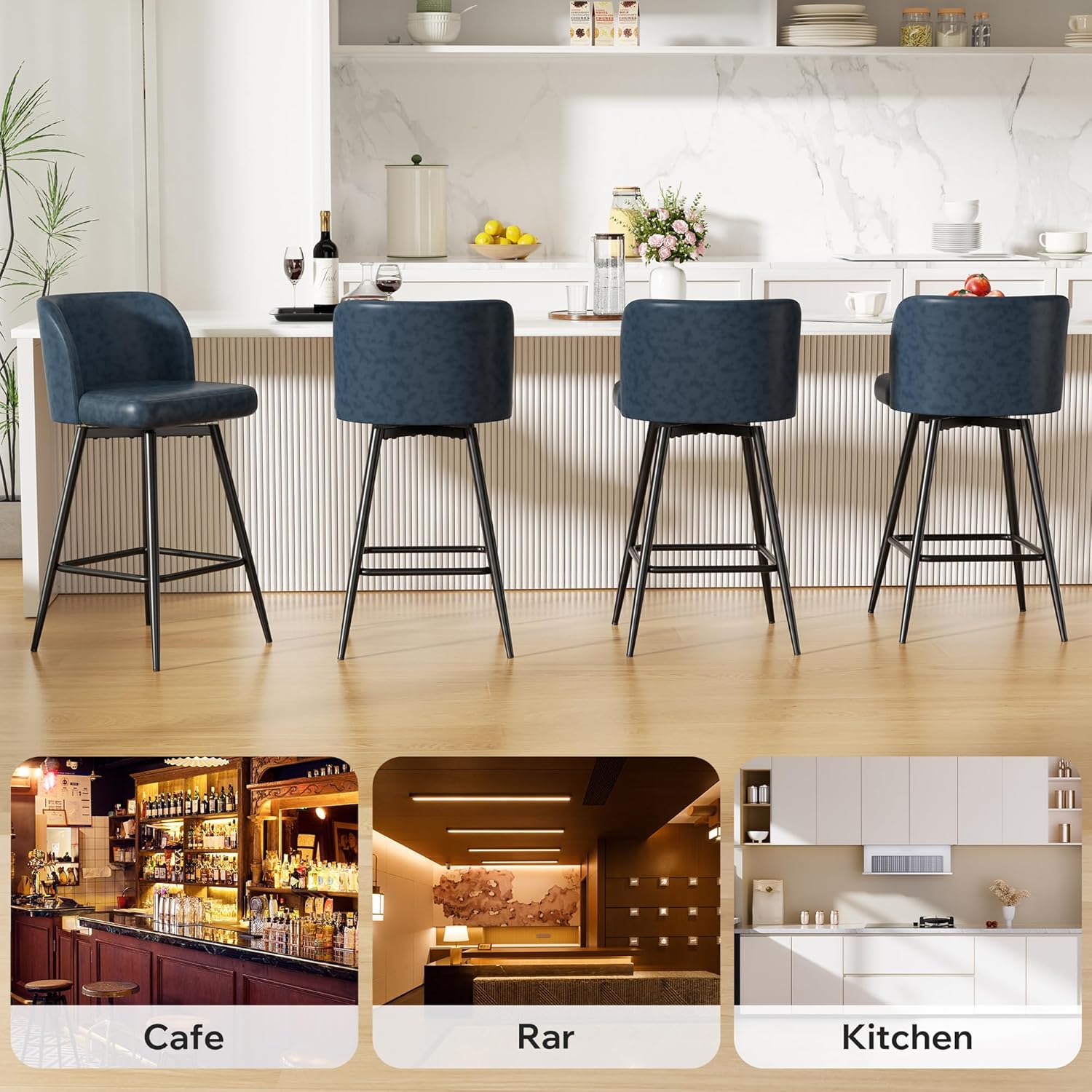 Swivel Bar Stools Set of 2, 26" Counter Height Bar Stools with High Back and Metal Legs, Faux Leather Bar Chairs, Modern Barstools for Kitchen Island, Dark Blue