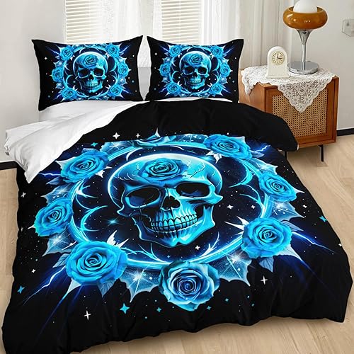 Miniatura 98 de AILONEN Juego de funda de edredón de calavera de azúcar, tamaño Queen, juego de funda de edredón de calavera de rosa roja, juego de ropa de cama