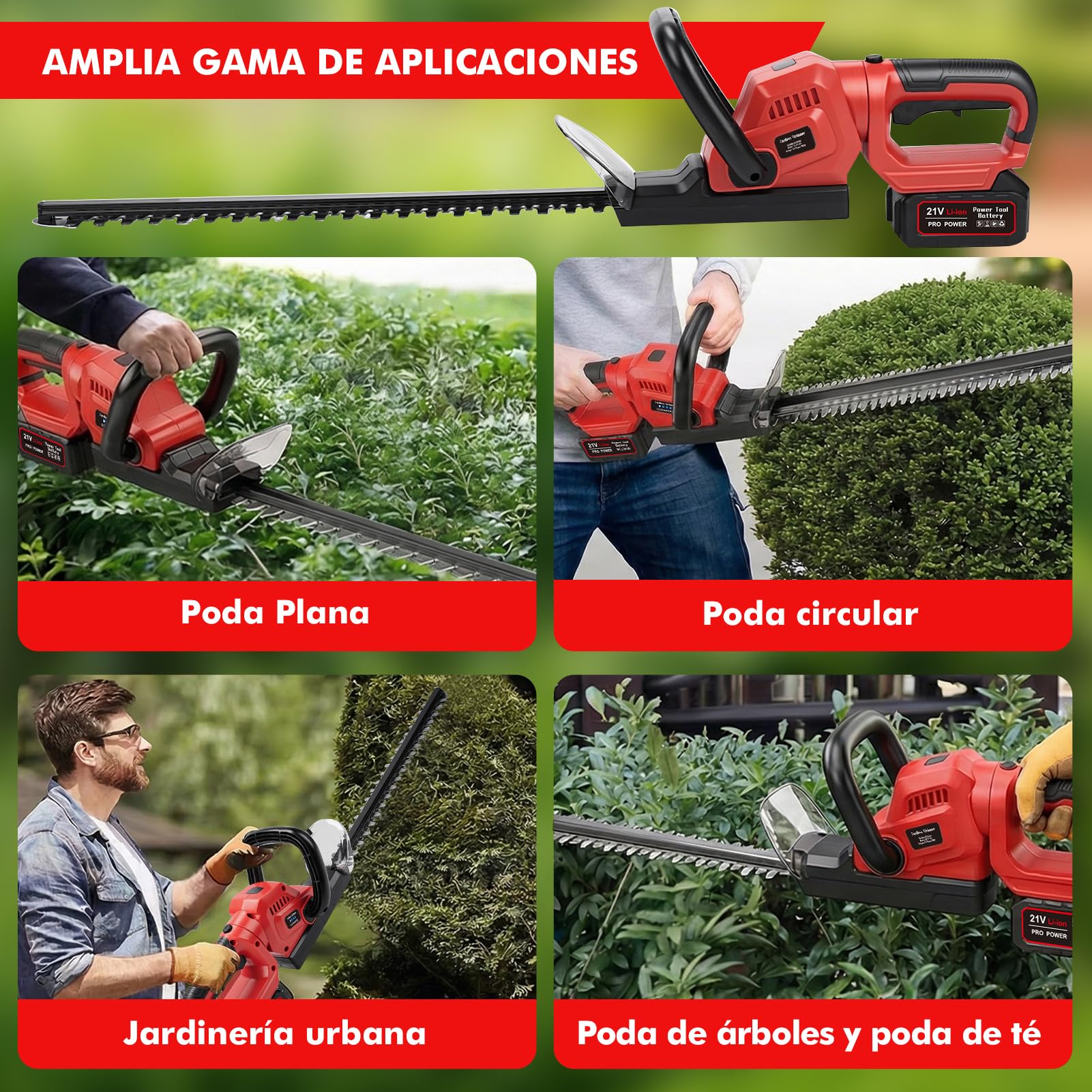 Cortasetos Bateria 21V, Cortasetos Electrico Ligero a Batería con 2 Baterías 3,0 Ah y Cargador 1,0A, 56cm Podadora Electrica Profesional, 18mm Separación Entre Dientes para Setos y Arbustos