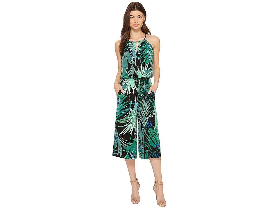 

London Times Jungle Palm Cropped Jumpsuit (Black/Green) Women's Jumpsuit & Rompers One Piece