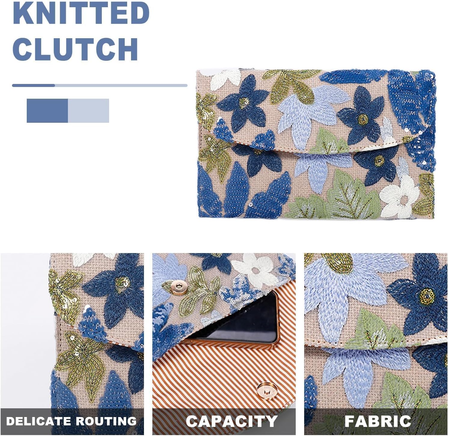 Envelope Package, Clutch Purses for Women, Sequin Embroidered Flowers Straw Bag, Bohemian Handmade Handbags, Beach Bag for Vacation, Travel, Banquet (Blue Flower) - Image 6