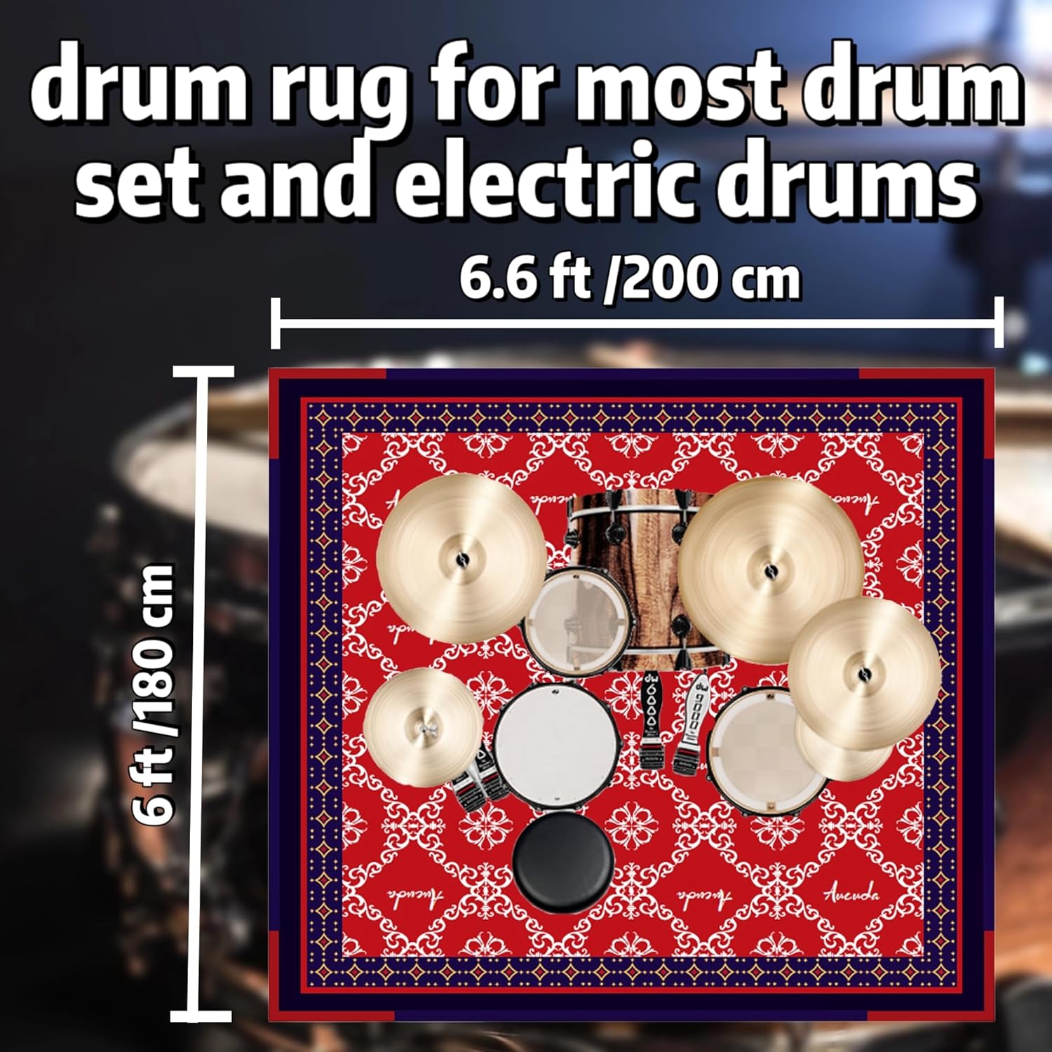 Aucuda Red Drum Rug 6x6.6ft Drum Mat Outdoor, Tightly Woven Fabric Cool Drum Set Carpet with Non-Slip Grip Bottom, Electric Drum Accessories for Studio, Apartment, Soundproof, Guitar, No Crease.
