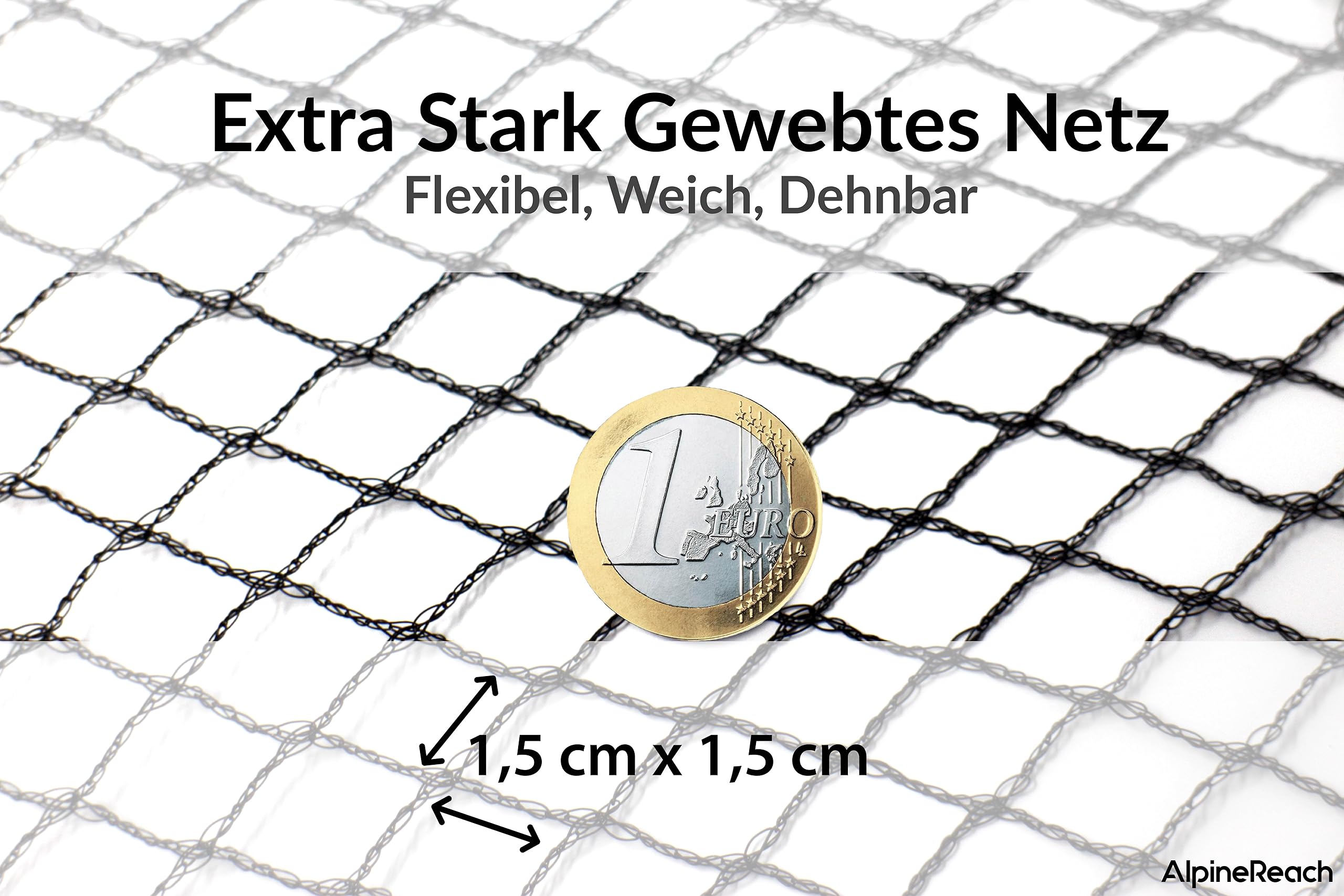 AlpineReach 2m x 20m Vogelschutznetz Gartennetz Feinmaschig (15 x 15mm) Extra Stark Gewebtes Netz, Vogelnetz, Obstbaumnetz, Katzennetz, engmaschig Laubnetz, Kabelbinder, Wiederverwendbar, Schwarz