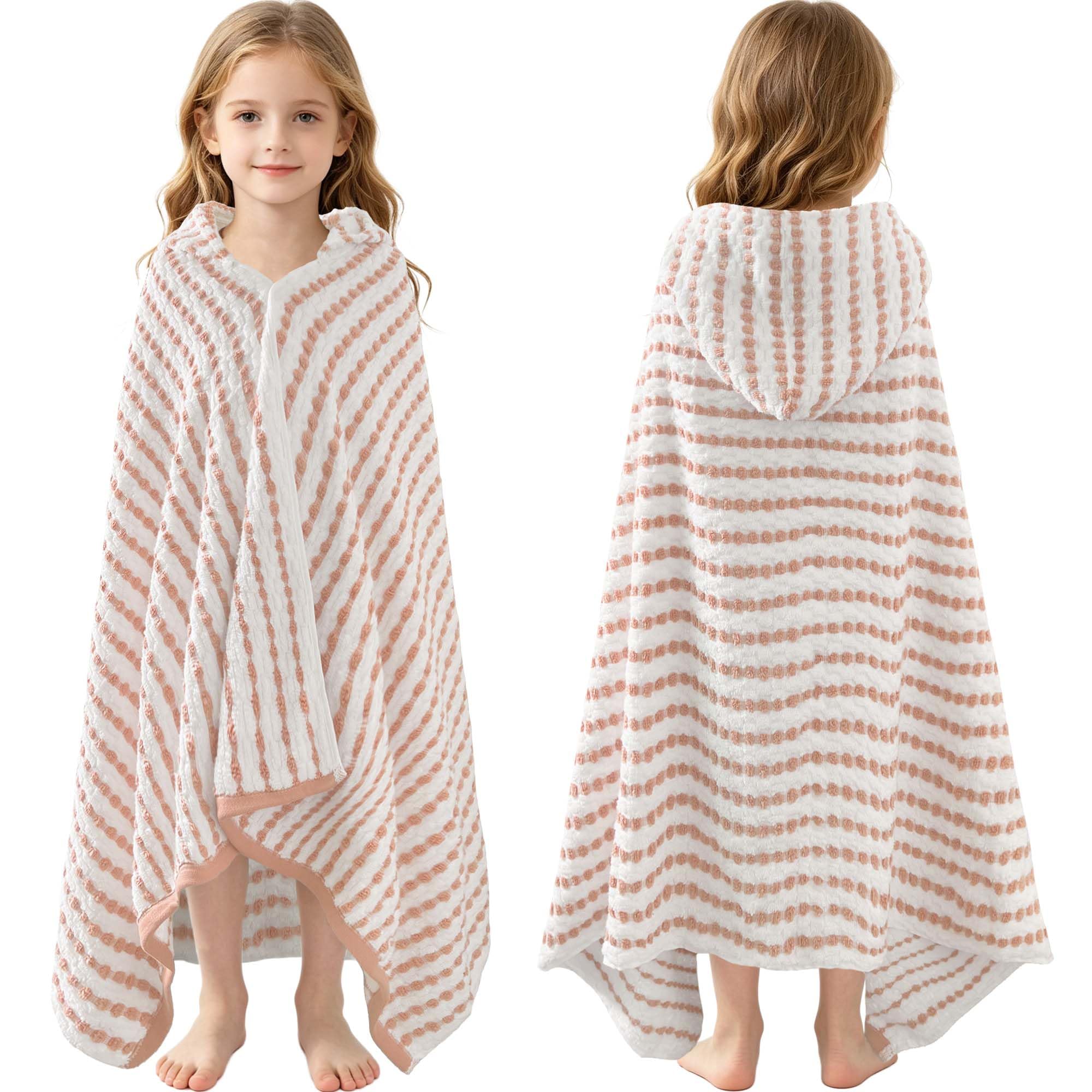 VOOVA & MOVAS Kids Hooded Bath Towel, 6-10 Years, 100% Cotton, White Brown | Lovely Dotted Plaid Design, Dense Thick Towel, Great Absorbency for All Water Scenes White Reddish Brown-dotted Plaid Hooded Wrap Towel(Age 6-10)