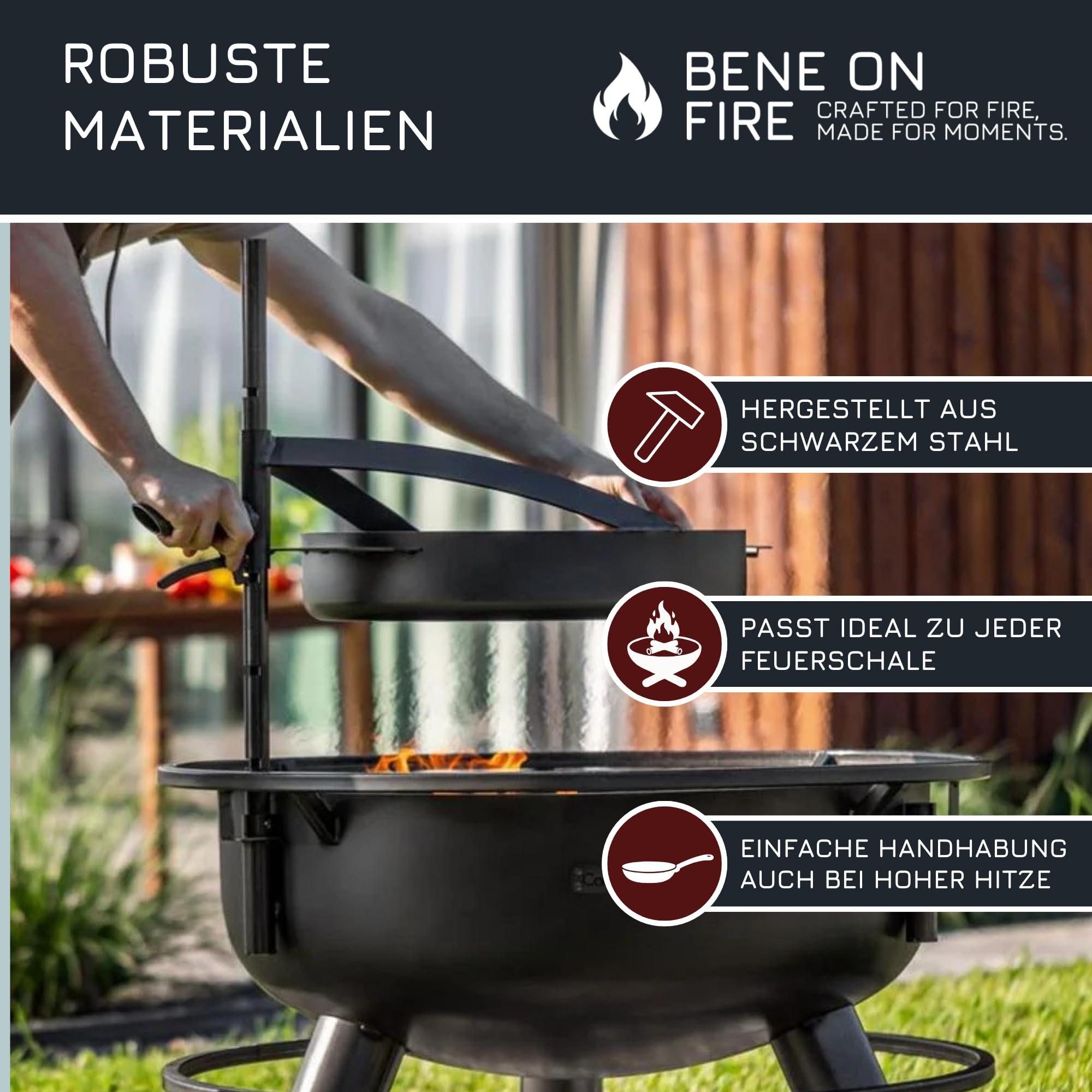 BENE ON FIRE Feuerschalen Grillpfanne Ø 50 cm mit Griff | Stahlpfanne schwarz 6,2 kg hitzebeständig stabil | zum Braten Rösten über offenem Feuer | Zubehör Feuerschalen Arizona Washington
