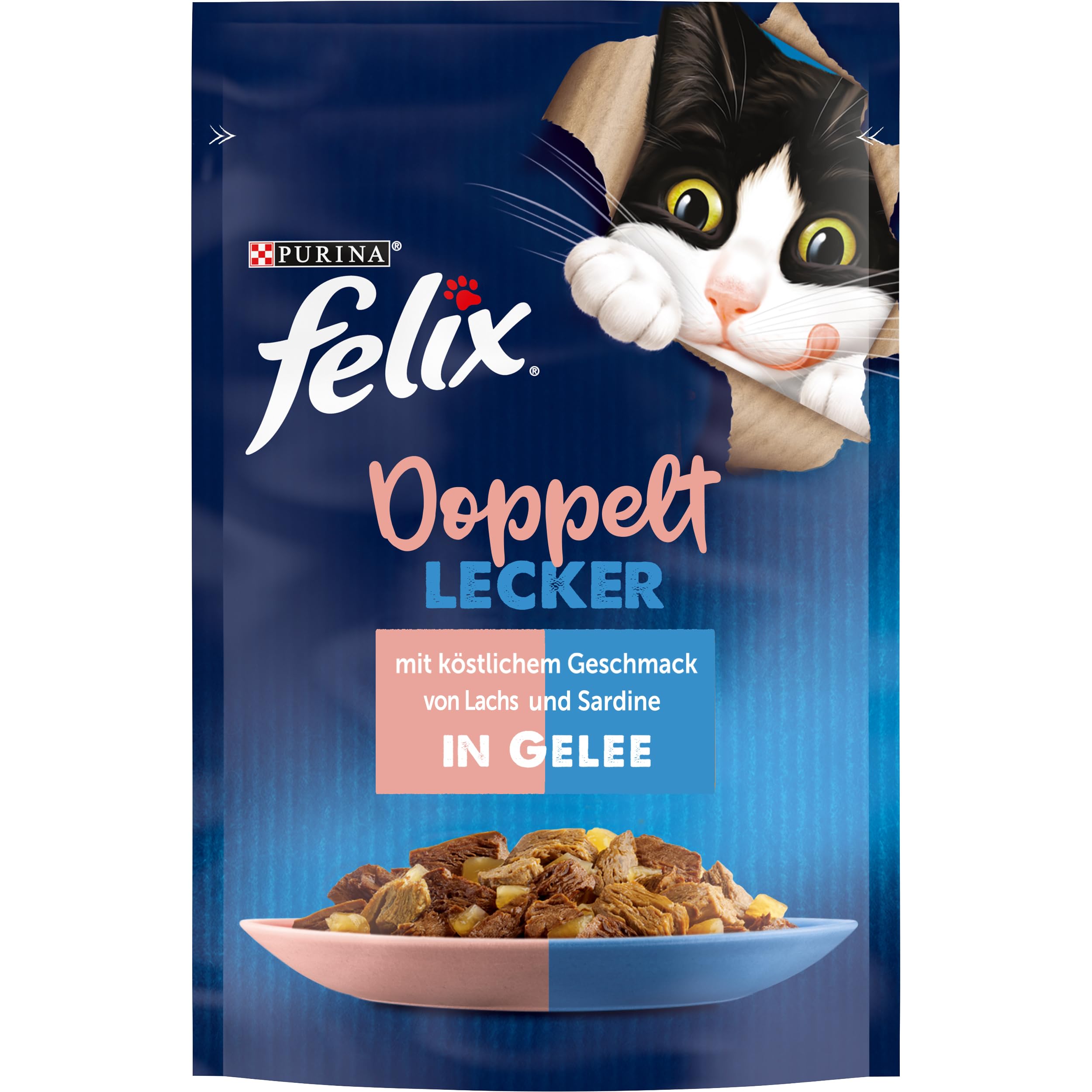 Felix So gut wie es aussieht Doppelt Lecker Katzenfutter nass in Gelee, mit Lachs und Sardine, 26er Pack (26 x 85g)