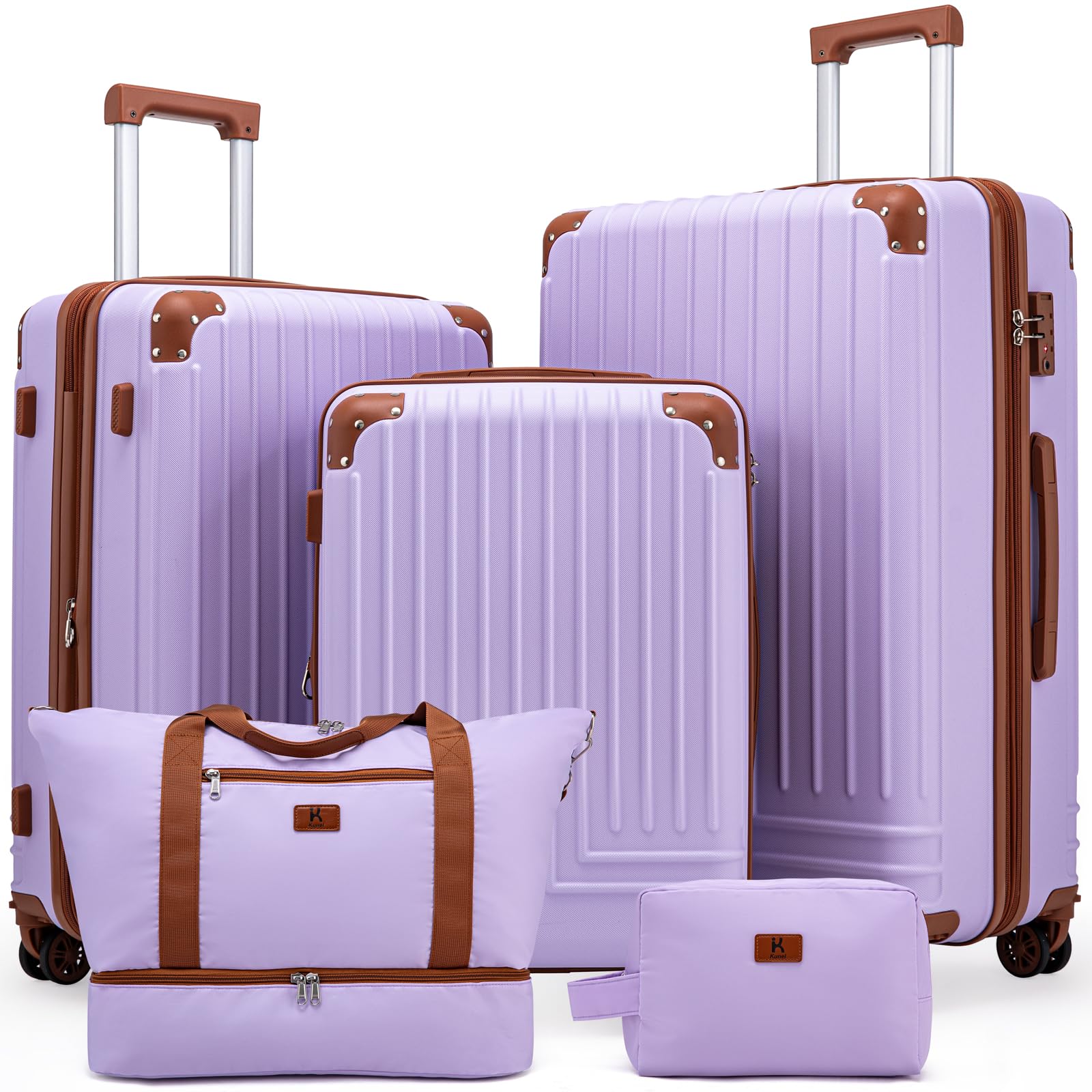 KUNEL Zestawy bagażowe 5-częściowe zestawy walizek walizka z twardą obudową ABS lekka blokada TSA podwójne kółka obrotowe, Fioletowy, 5 Piece Sets (20/24/28/DB/TB), Modny i praktyczny