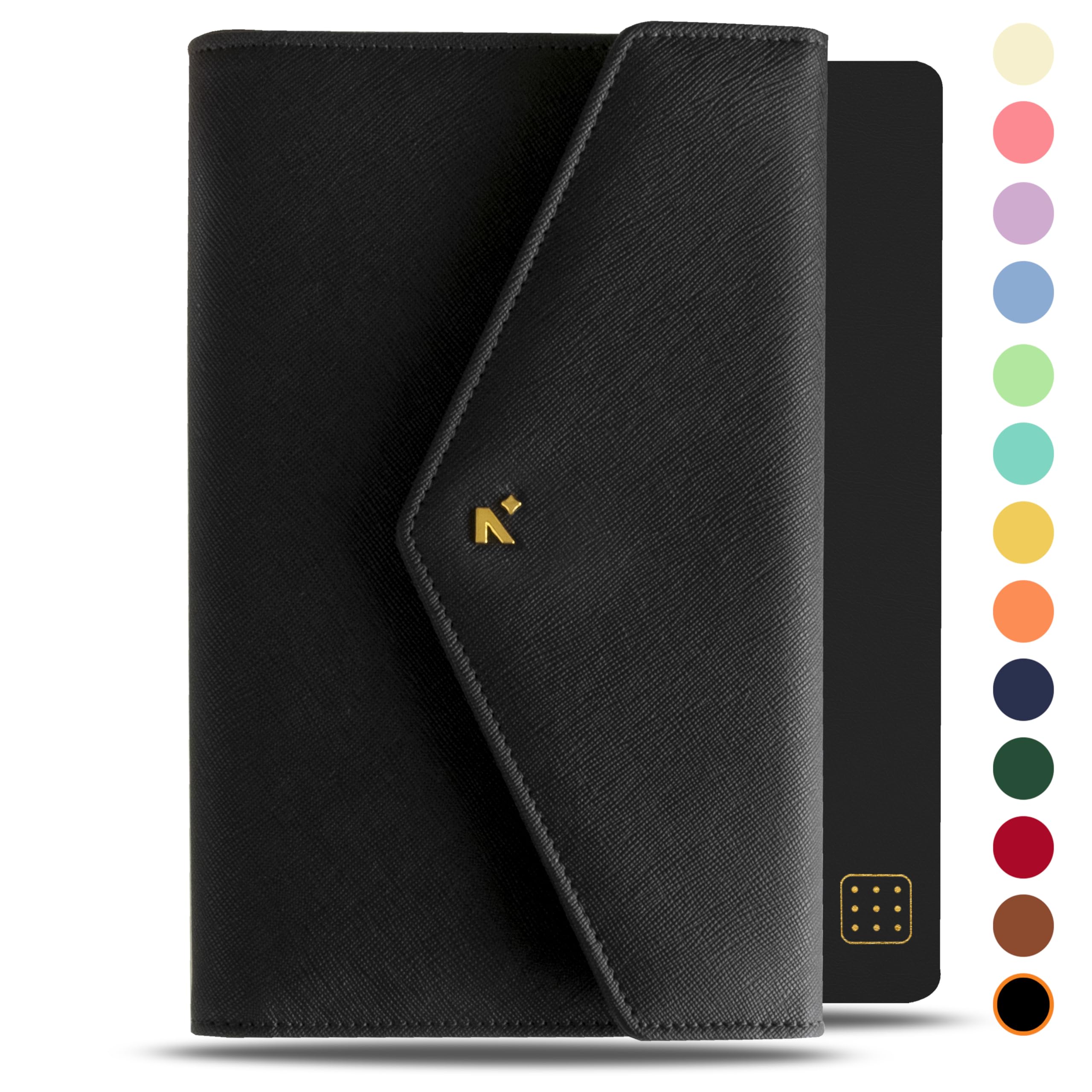 NEORAH PETITE Notebook SLEEVE with Envelope Flap Closure + Dotgrid JOURNAL | Faux Leather Sleeve + Penloop | Bookmarks | Front & Back pocket | 6 Card Slots - BLACK