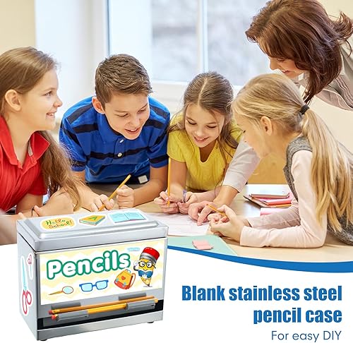 Miniatura 4 de Dispensador de lápices de acero inoxidable y 200 lápices HB con tapa de borrador para almacenamiento y dispensación de lápices, escuela, oficina,