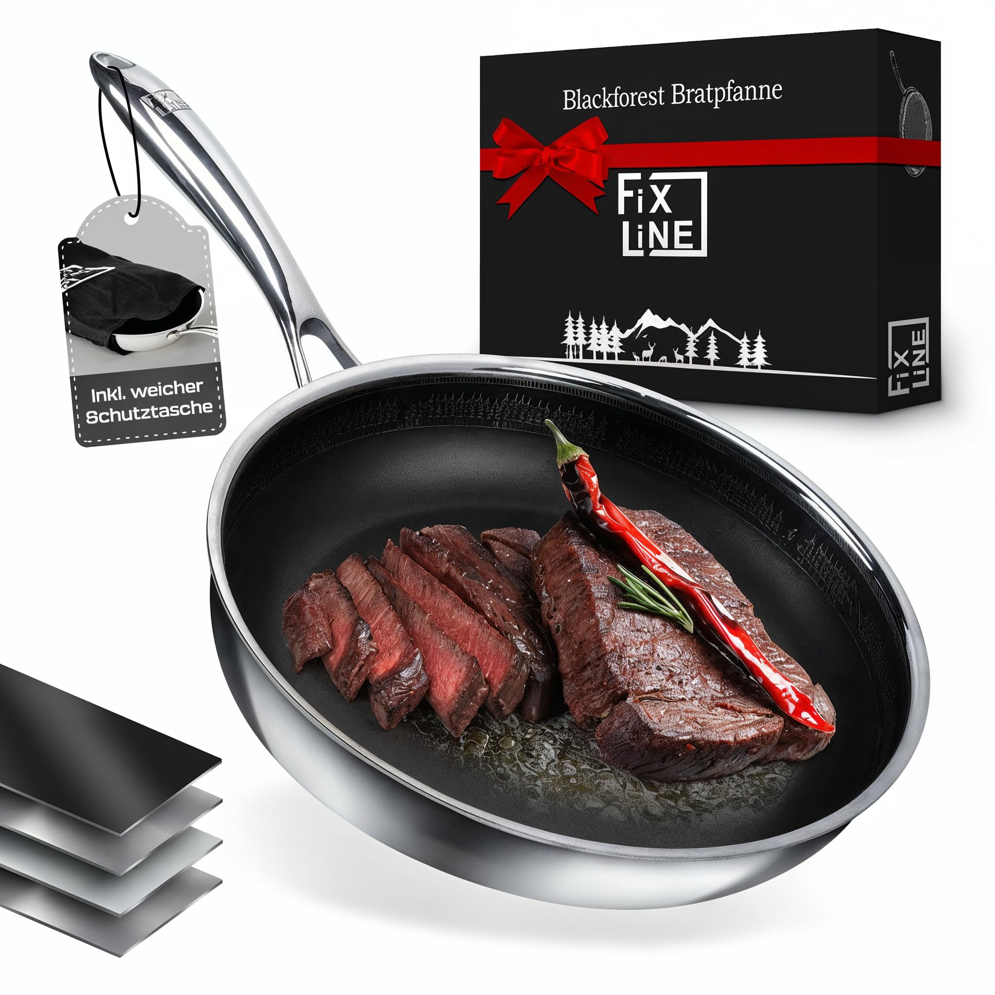 FIXLINE® BLACK FOREST Bratpfanne 28cm - robuste Antihaftbeschichtung - hoher Rand 6,5cm - alle Herdarten inkl. Induktion - Backofen geeignet bis 230°C - Perfekte Geschenkidee