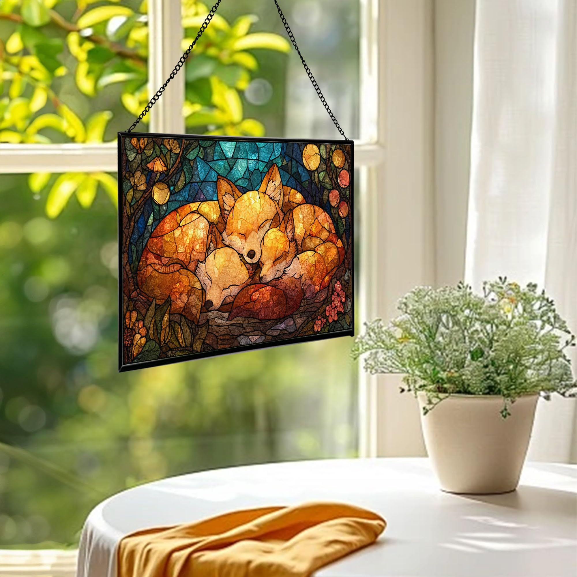 Fox Family Nestled in Forest Den Rectangular Stained Glass Suncatcher – Hanging Window Panel with Animal & Nature Scene – Vibrant Glass Art Gift for Wildlife, Fantasy, Nature Lovers ighvfS