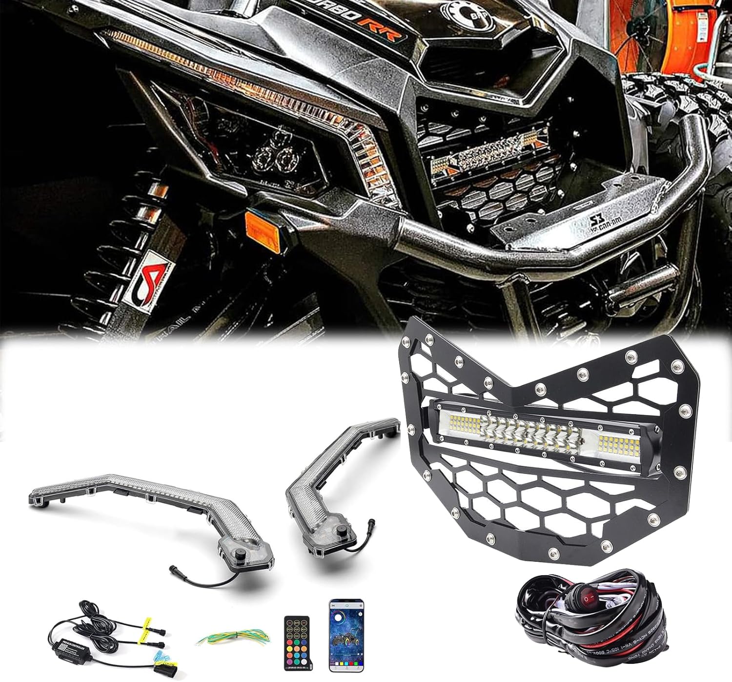 Chelhead X3 Led Fang Light with Black Steel Grille Compatible with Can Am Maverick X3 XDS XRS Max Turbo R