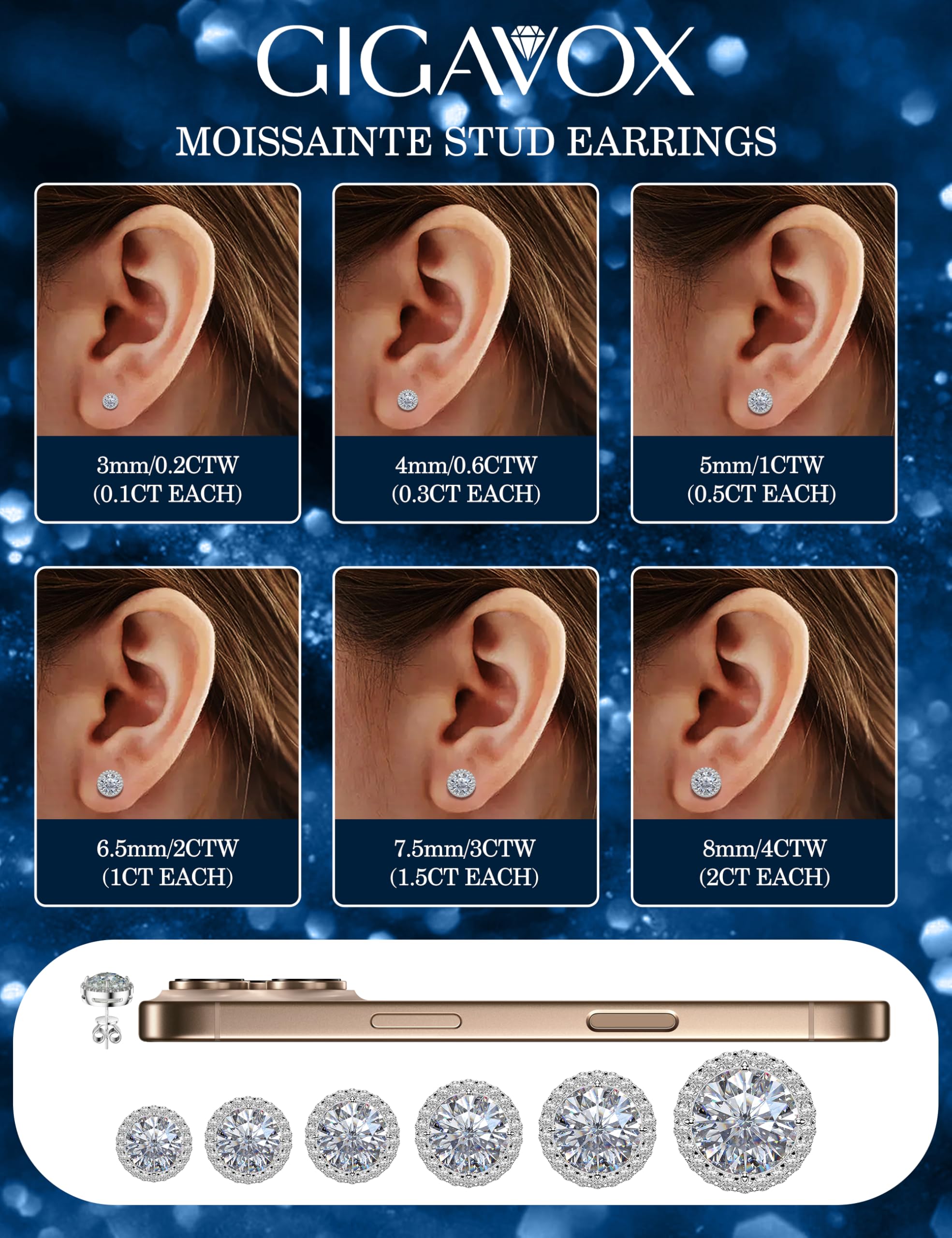 Moissanite Halo Earrings Studs : 1CT-4CT 18K White Gold Plated S925 Sterling Silver Stud Earrings for Women Men Hypoallergenic Dainty Moissanite Jewelry for Sensitive Ear D Color Round Cut VVS1