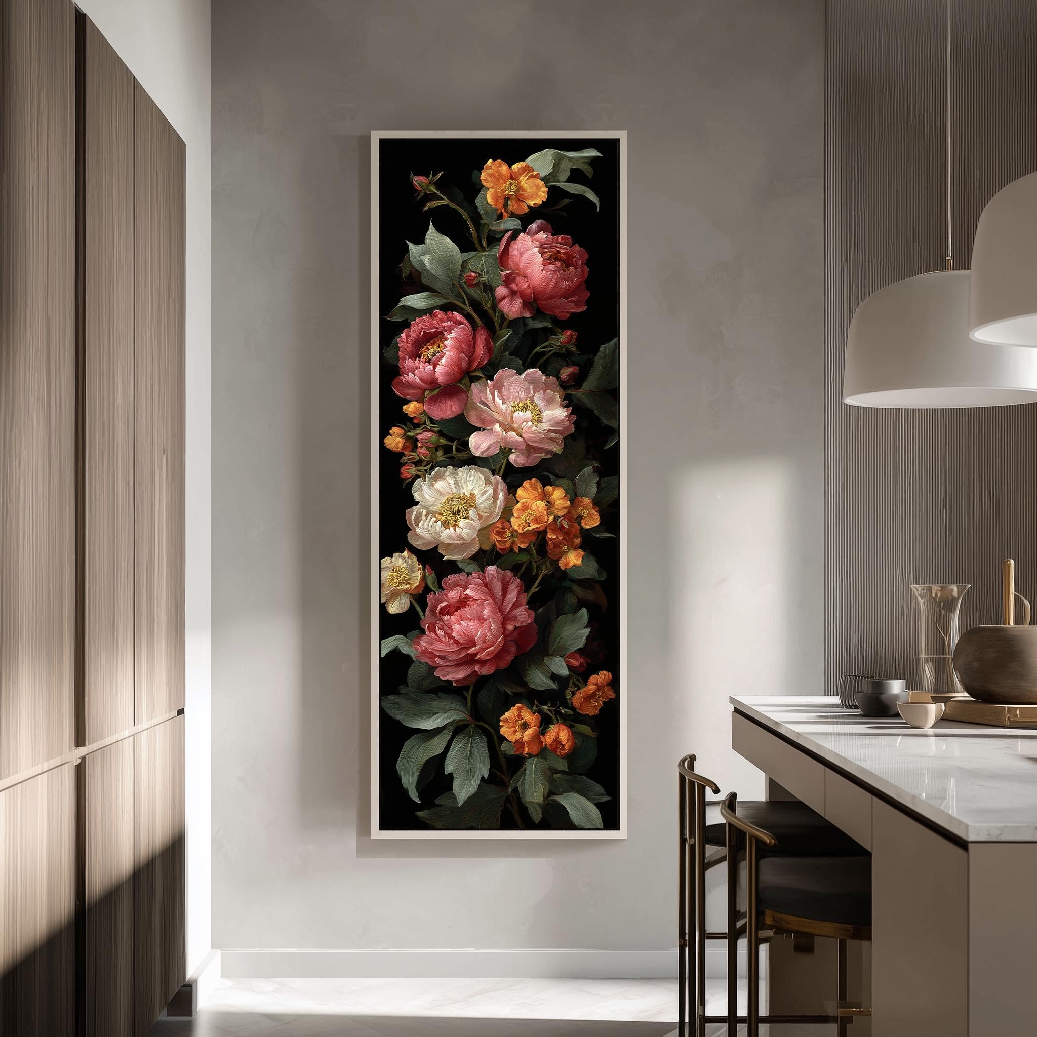 XBTYKPB Tall Skinny Dark Floral Canvas, Long Vertical Flower Garland Art, Narrow Botanical Decor Vintage Rose Print Wall Painting(30x90cm/Frameless)