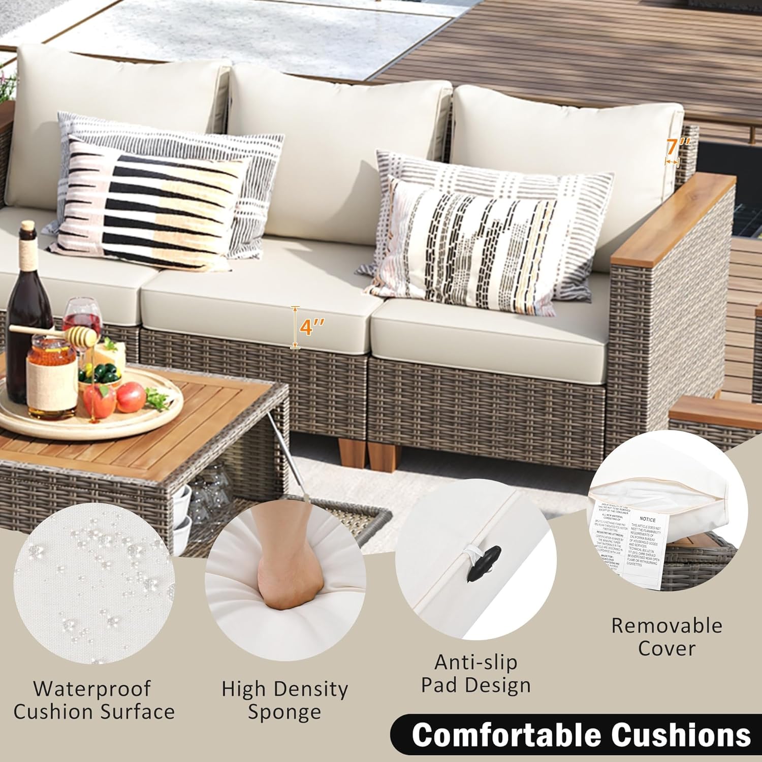 8 Pieces Patio Conversation Set with Acacia Storage Table and Rocking Swivel Chairs Wicker Rattan Seating Group with Thick Cushion for Backyard Deck Porch(Beige)