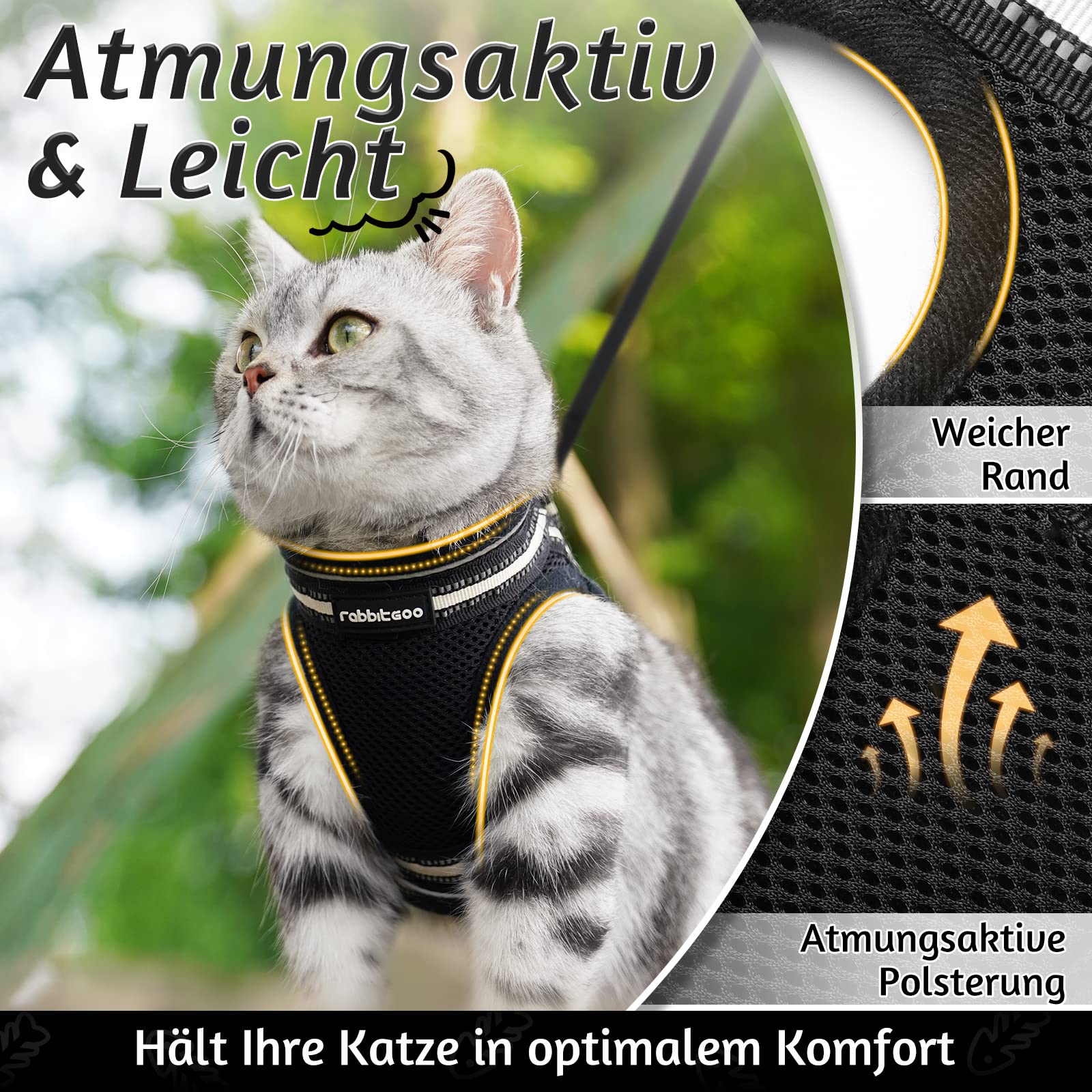 rabbitgoo Katzengeschirr mit Leine Ausbruchsicher, Katzenleine mit Geschirr, Katzengeschirr Kitten Verstellbar Weich Kätzchenweste mit Reflektierenden Streifen für Extra Kleine Katzen, Schwarz S
