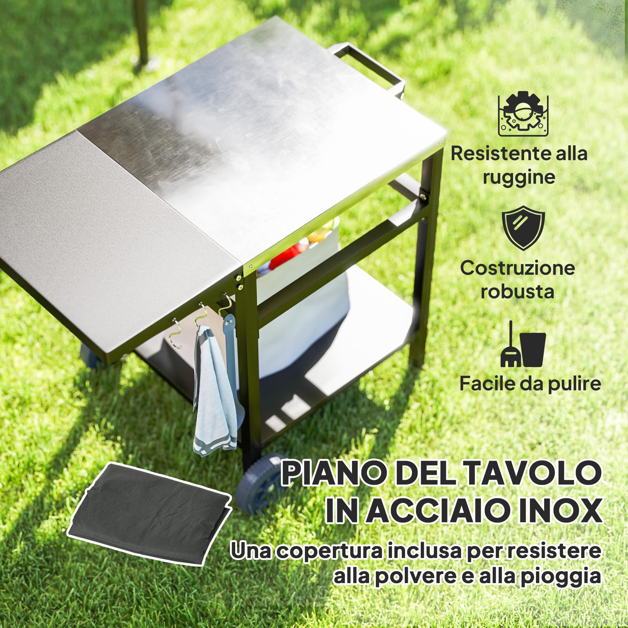 Outsunny Carrito de Barbacoa Superior de Acero Inoxidable con Estante Plegable, Mesa de Cocina Exterior para Horno de Pizza con Ruedas, Asa, 6 Ganchos y Tapa Protectora, 91x58x76 cm, Negro