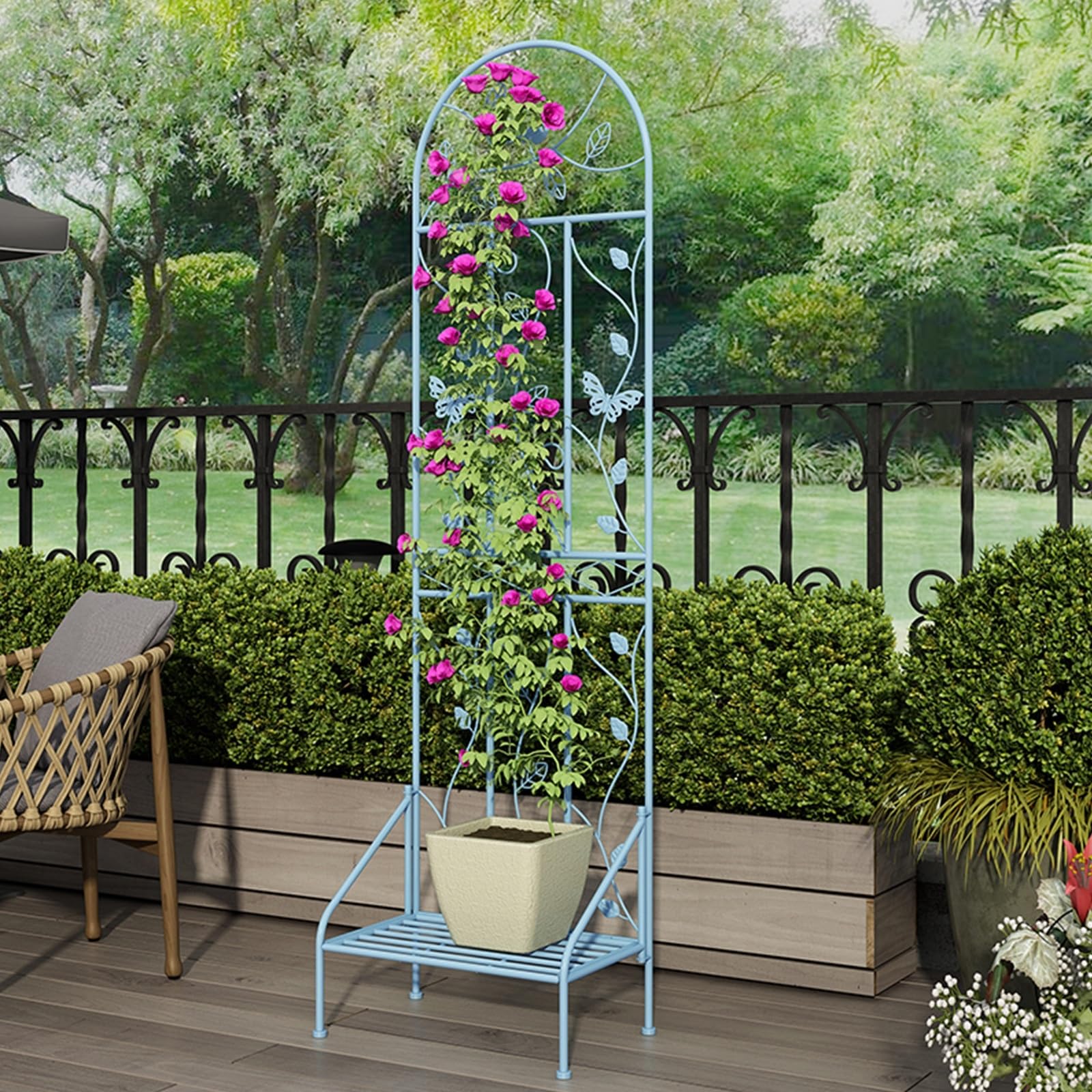 Metal Planter with Trellis and Base, Plant Trellis For Climbing Plants Indoor Outdoor, Iron Art Bionic Design, Raised Bed for Vine Climbing Plants Flowers(Blue)