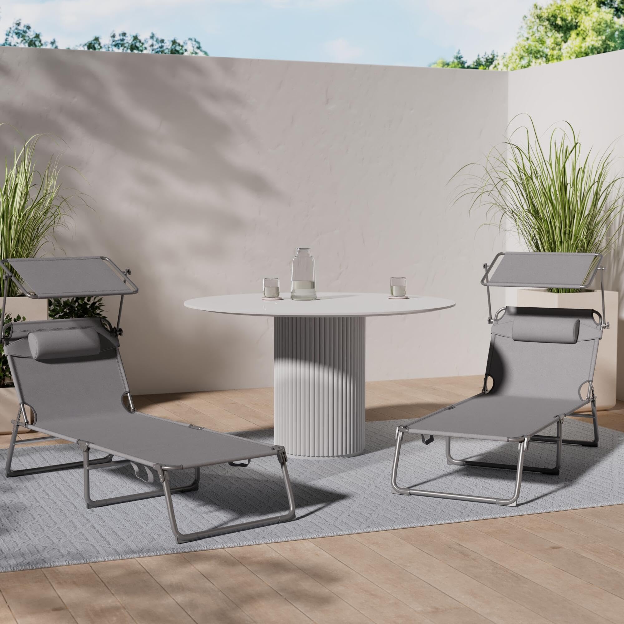 tectake Set 2 Lettino Pieghevole con Parasole, Schienale Regolabile 4 Posizioni, Rivestimento Resistente, Grigio