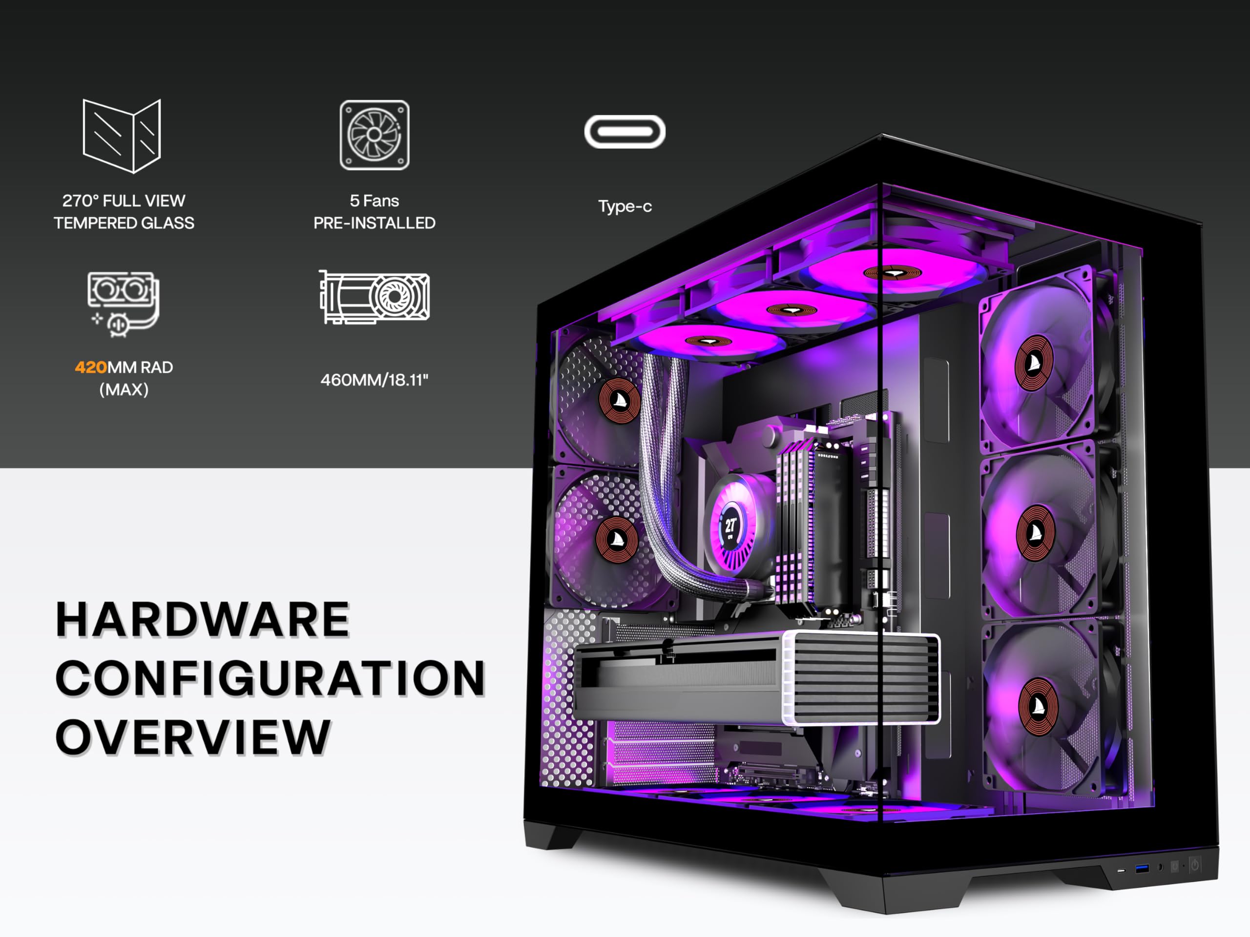 PCZZOI PC CASE ATX 5 Fans Pre-Installed, Type-C Mid Tower Computer Case with Full-View Dual Tempered Glass, Gaming PC Case,Black,K4（2026 Update Version） — view 15