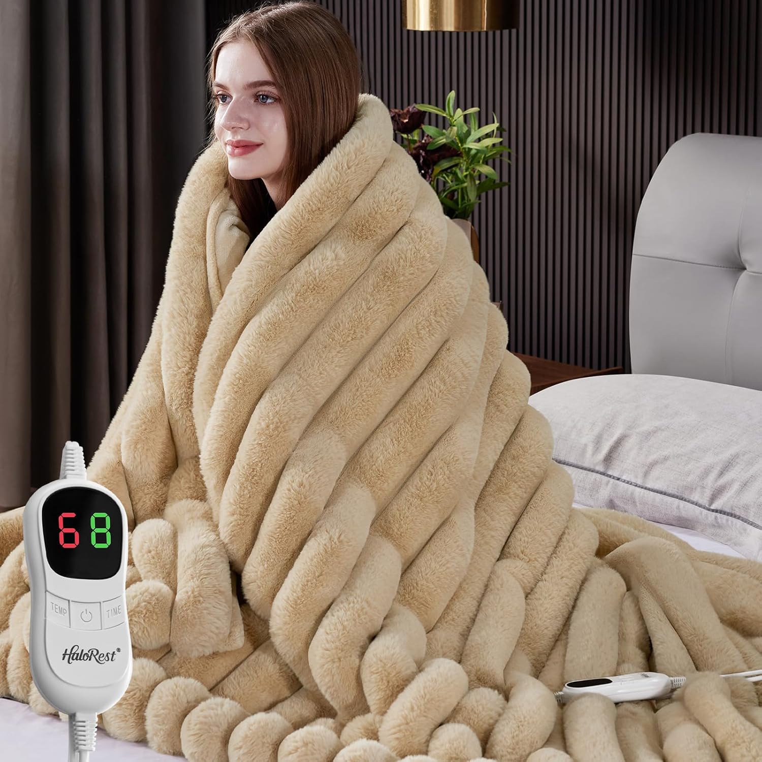 HaloRest Heated Throw Blanket, Faux Fur Cozy Heating Blanket with Overheat Protection, 1/2/4/6/8 Hours Auto-Off 10 Heat Level, Machine Washable (50x60 Inches, Beige)