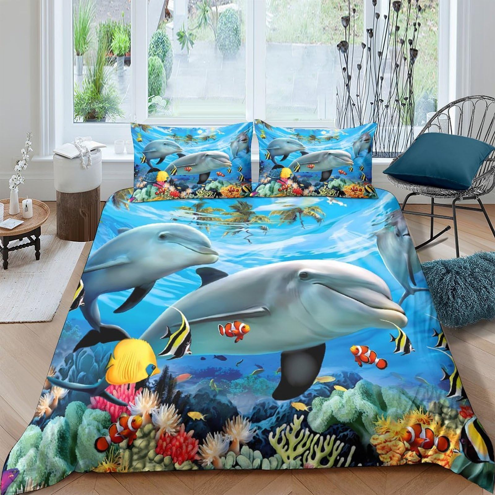 Ctjqhvkz Style-9 3D Printed Ocean Dolphin Fitted Sheet Microfiber Soft Blue Undersea Mattress Cover For Bedroom Guest Room Decor Single（135X200cm）