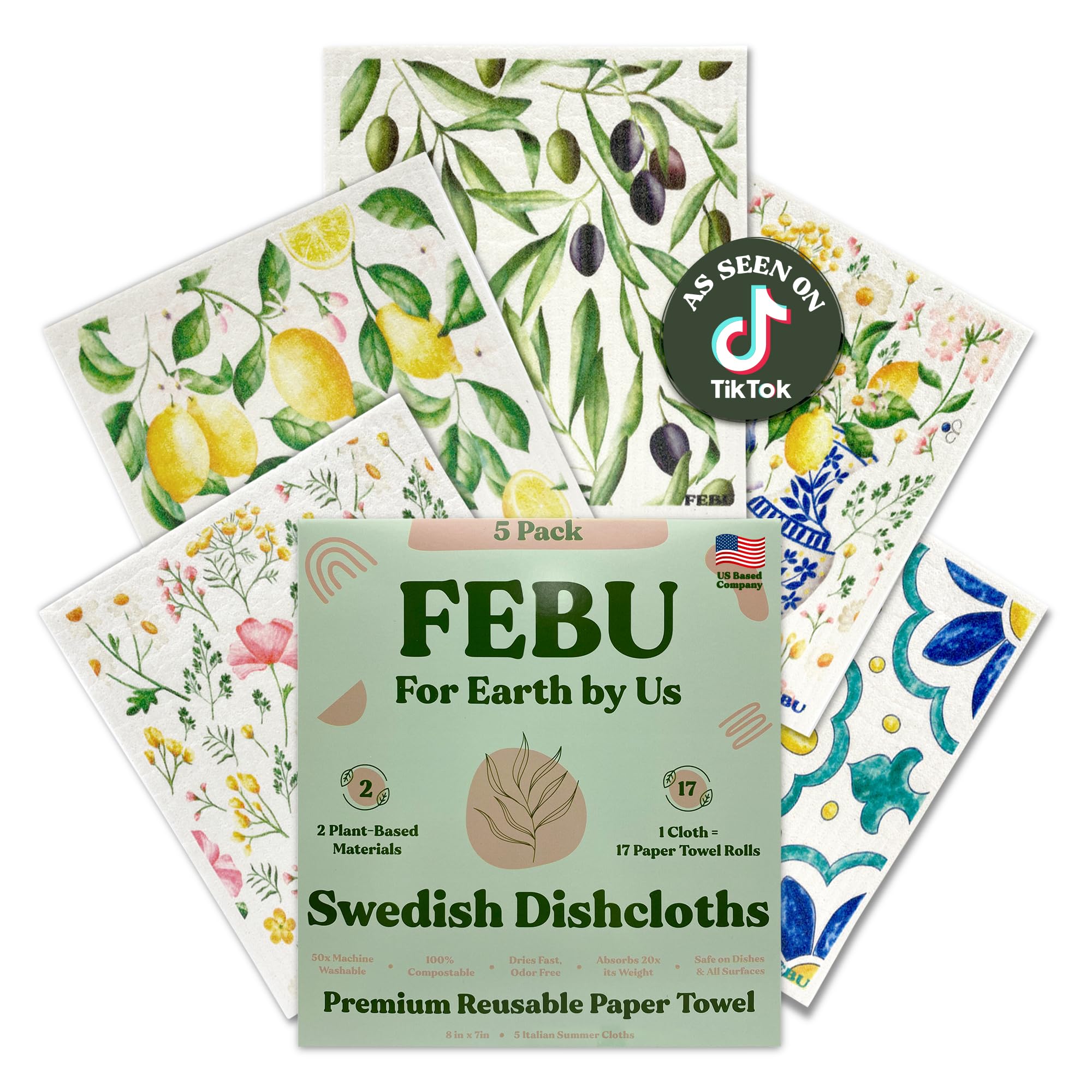 FEBU Swedish Dishcloths for Kitchen | 5 Pack Italian Summer Reusable Paper Towels Washable | Swedish Dish Towels | Non-Scratch Cellulose Sponge Cloths | No Odor, Biodegradable Cleaning Cloths