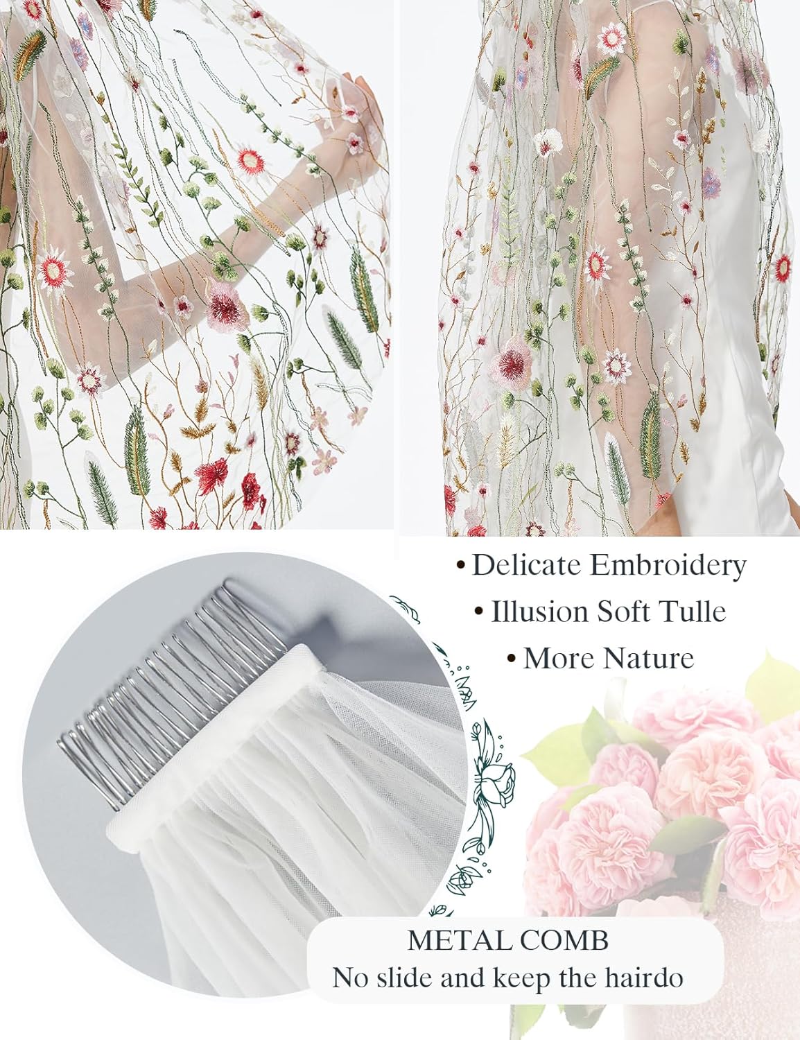 BEAUTELICATE 1 Tier Wedding Bridal Veil Exquisite Embroidered Secret Garden Veil With Comb